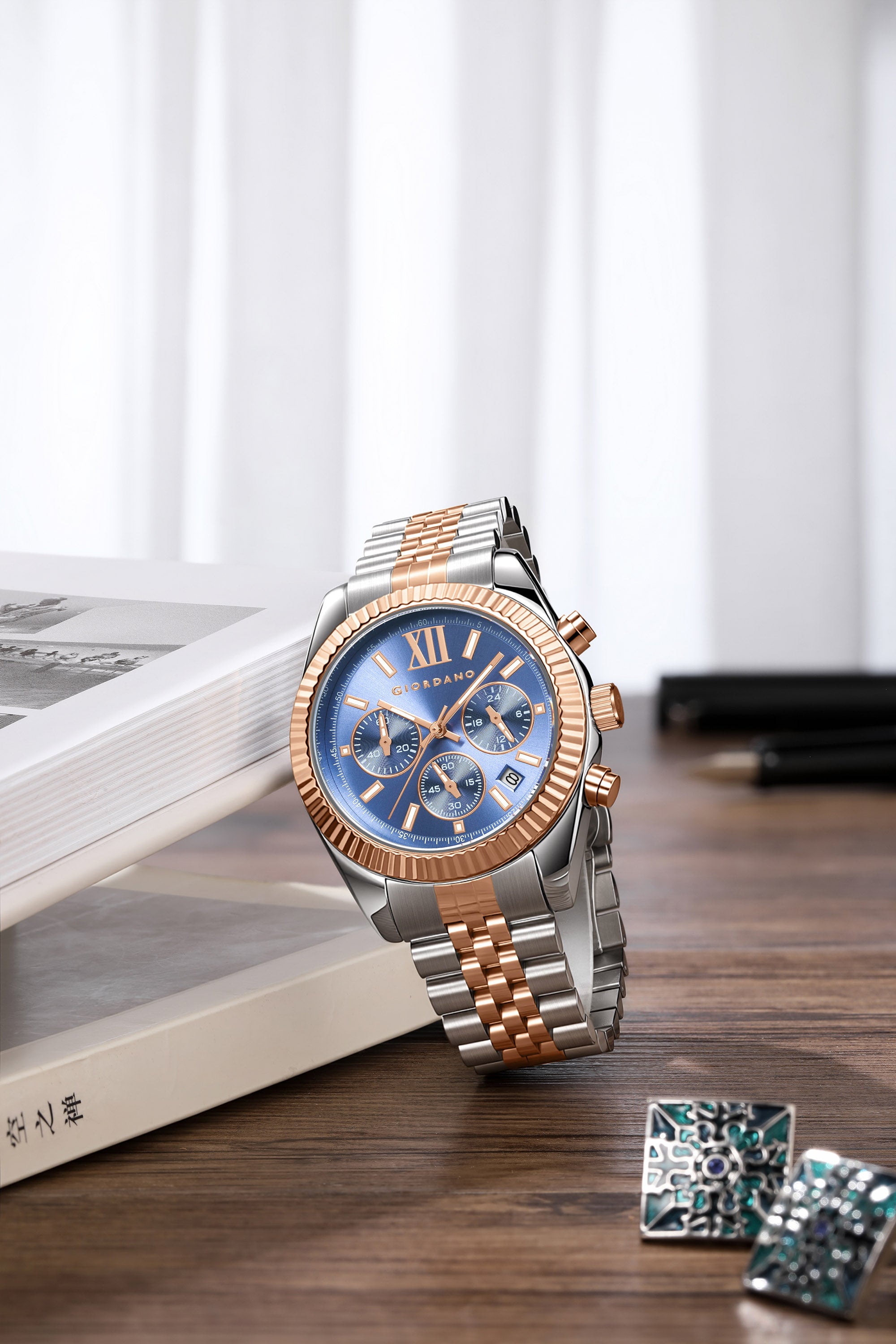 Giordano Chronograph Analog Quartz Watch for Men with Round Blue Dial, Roman indices, Date Function, Luminos hands and Markers, Silver and Rose Gold Stainless Steel Strap - GZ-50217-22