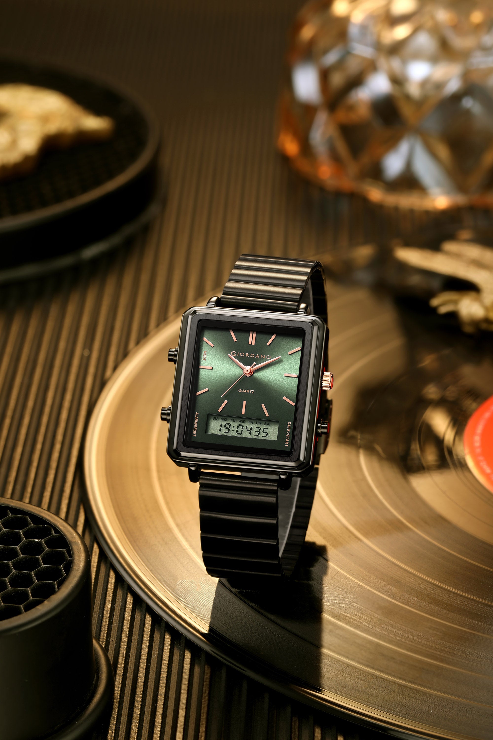 Giordano Analog Digital Watch for Men with Square Green Dial, Dual Time Display, Black Stainless Steel Strap - GZ-50210-55