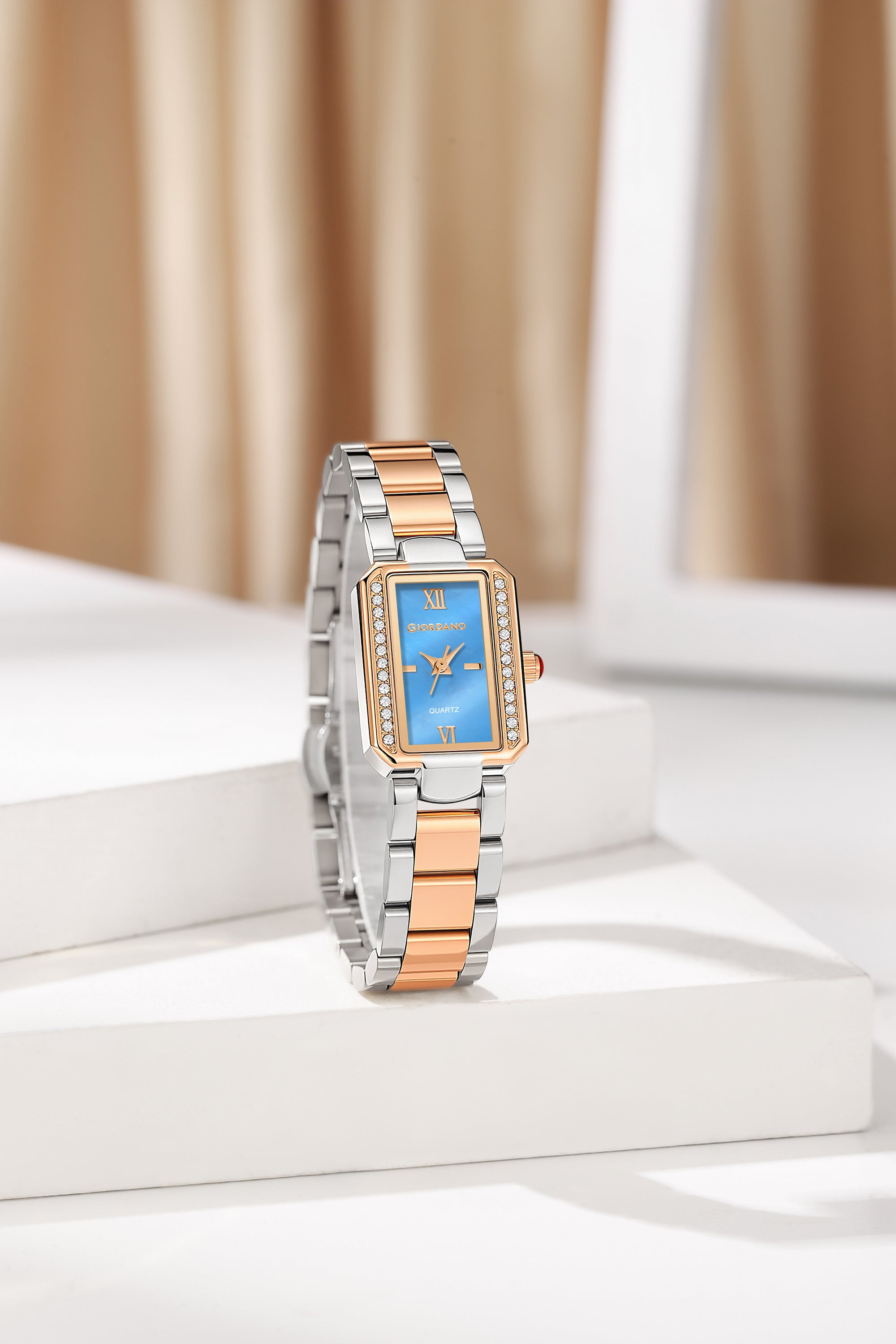 Giordano Analog Quartz Watch for Women with sunray Rectangle Blue Dial, Roman indices, Crystal studded bezel, Blue Crown, Silver and Rose Gold Stainless Steel Strap - GZ-60167-22