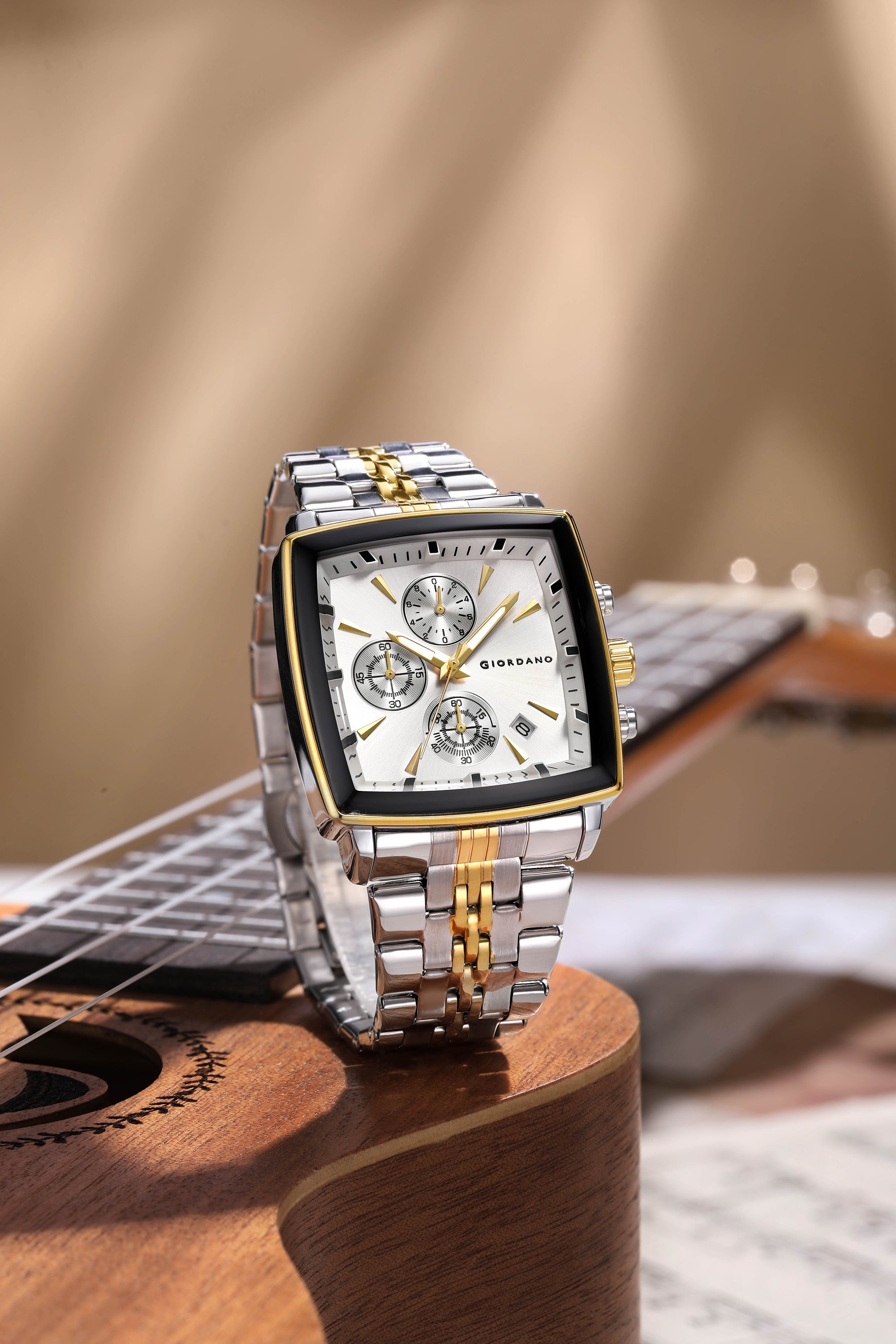 Giordano Multi Function Watch For Men With Square White Dial, Stainless Steel Strap And Date Display GZ-50138-33