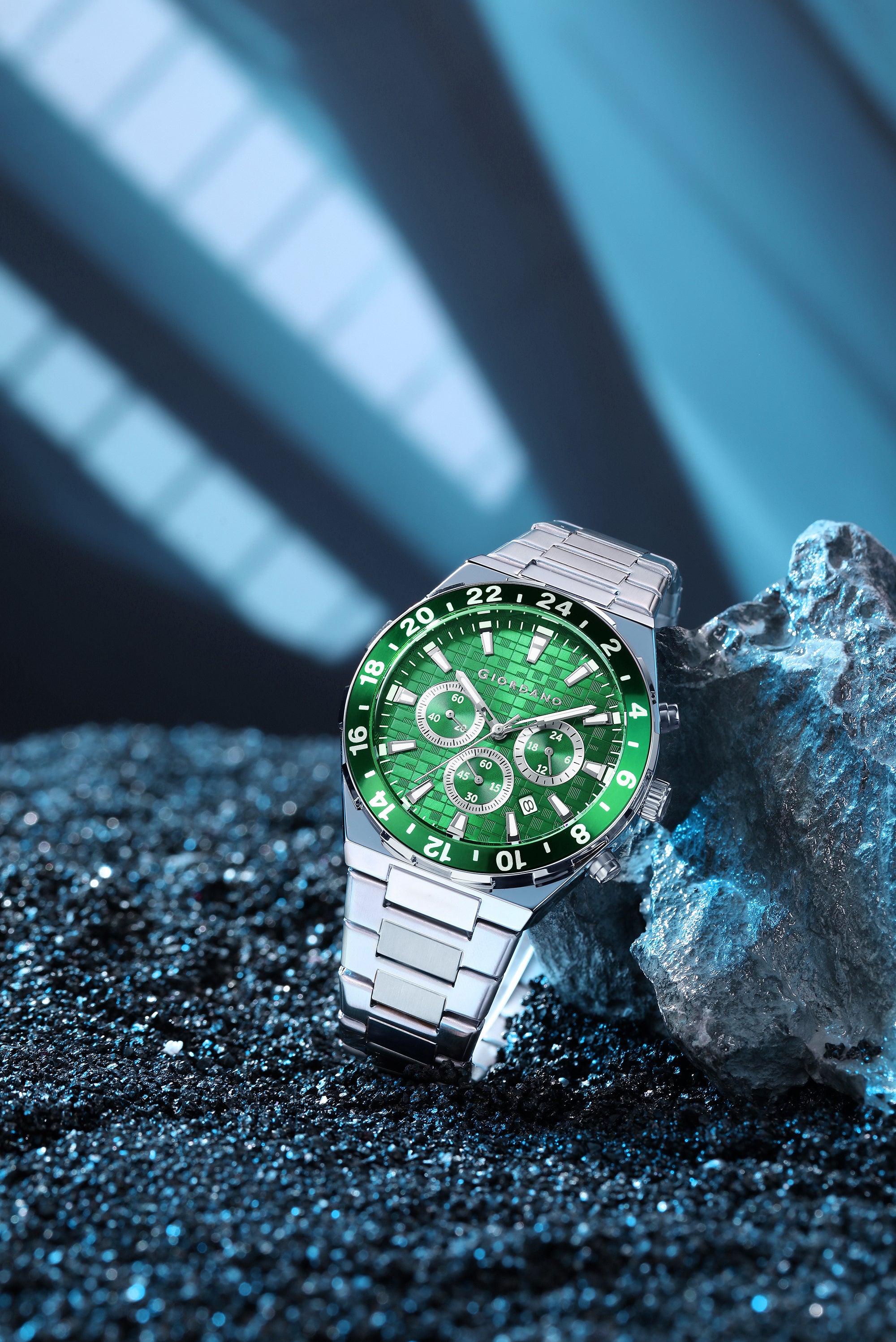 Giordano Chronograph Watch for Men with Texured Round Green Dial, Date Display and Tachymeter Bezel, Silver Stainless Steel Strap - GZ-50198-22