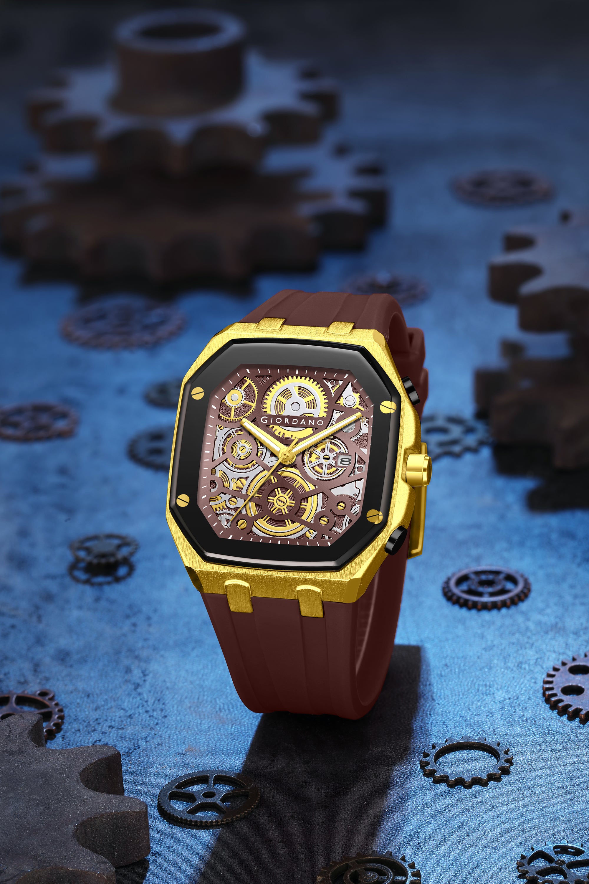 Giordano Skeleton Dial Analog Watch for Men – Gold Tone Case, Brown Silicone Strap, Date Display & Transparent Mechanical Design GZ-50221-03