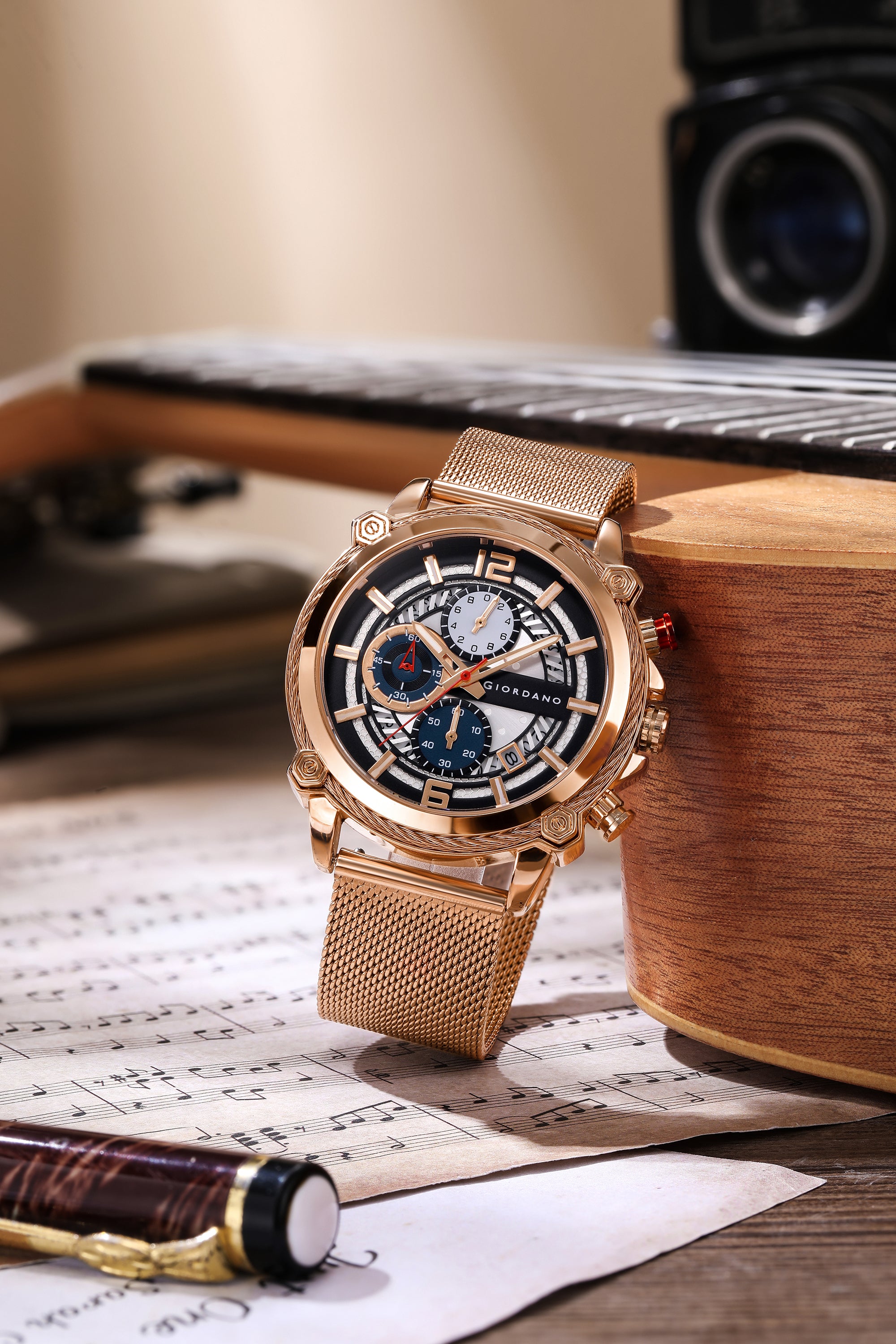 Giordano Analog Quartz Watch for Men with Round Textured Dial, Multifunction Sub-Dials, Date Display and Rose Gold Mesh Stainless Steel Strap - GZ-50039-44