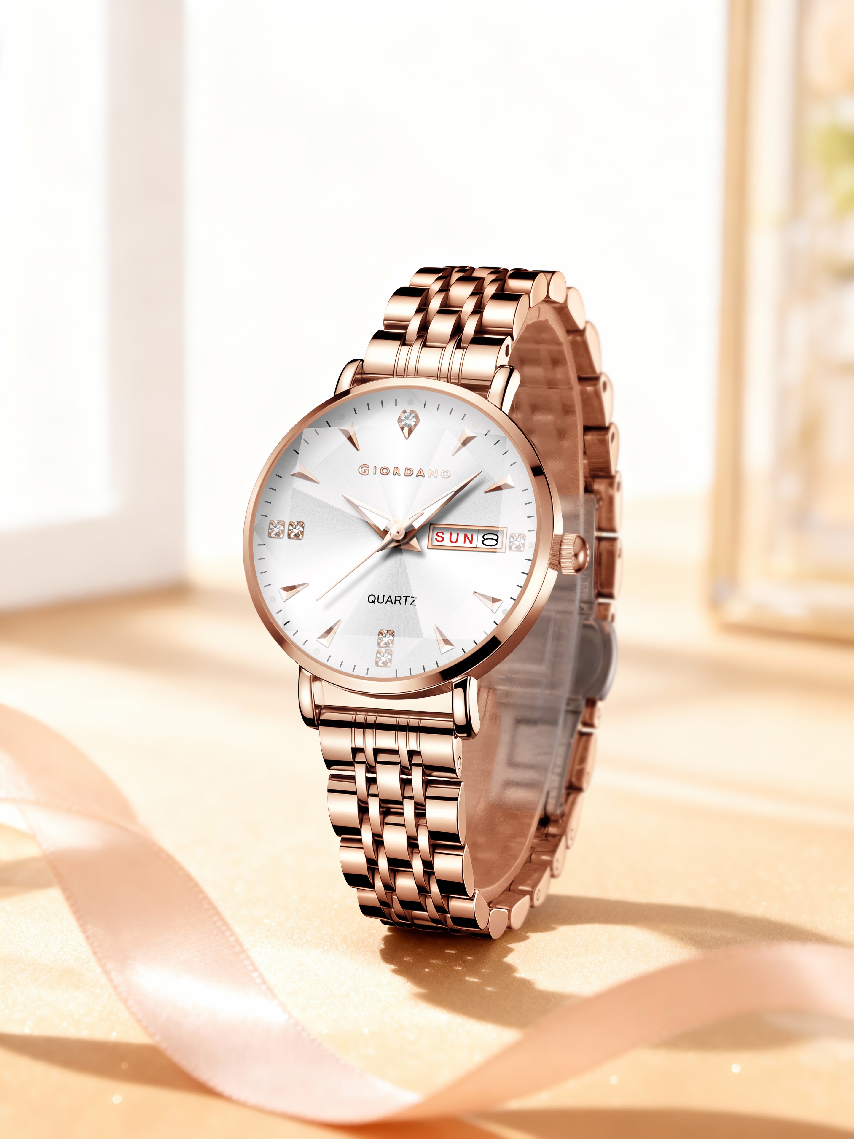 Giordano Rose Gold Analog Watch for Women with Luminous Hands & Markers, Day & Date Display and Stainless Steel Strap - GZ-60139-11