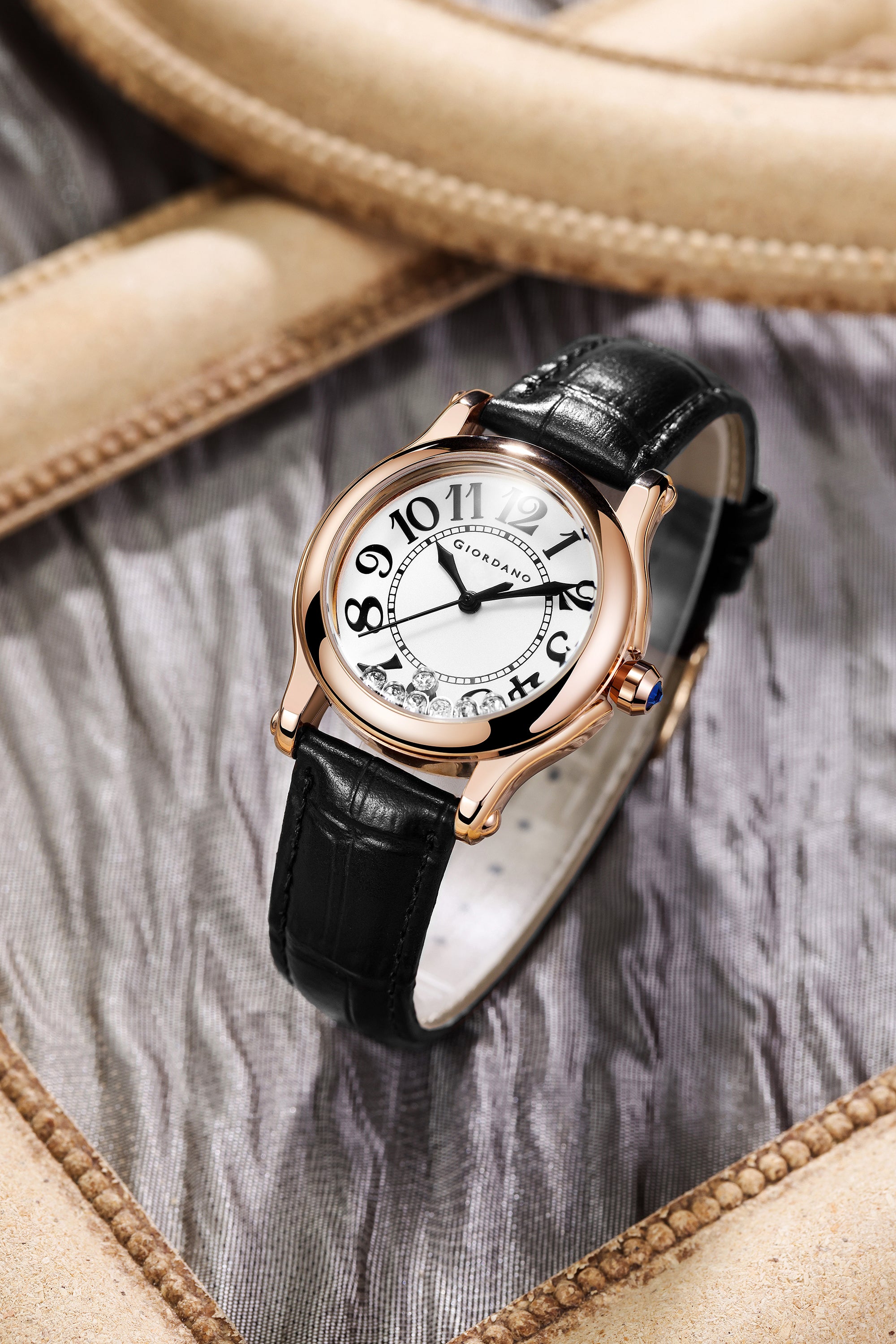 Giordano Elegant Analog Watch for Women with Round Dial & Dancing Diamonds, Arabic Numerals, Blue Crown and Leather Strap - GZ-60149-01