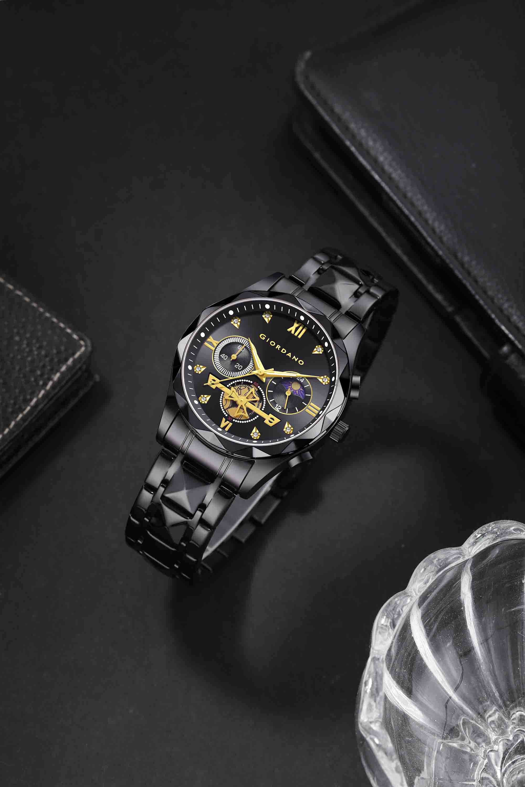 Giordano Chronograph Analog Quartz Watch for Men with Black Dial, Multifunction Subdials, Sun Moon Display, Crystal Hour Markers, Roman Numerals, Black Stainless Steel Strap - GZ-50236-11