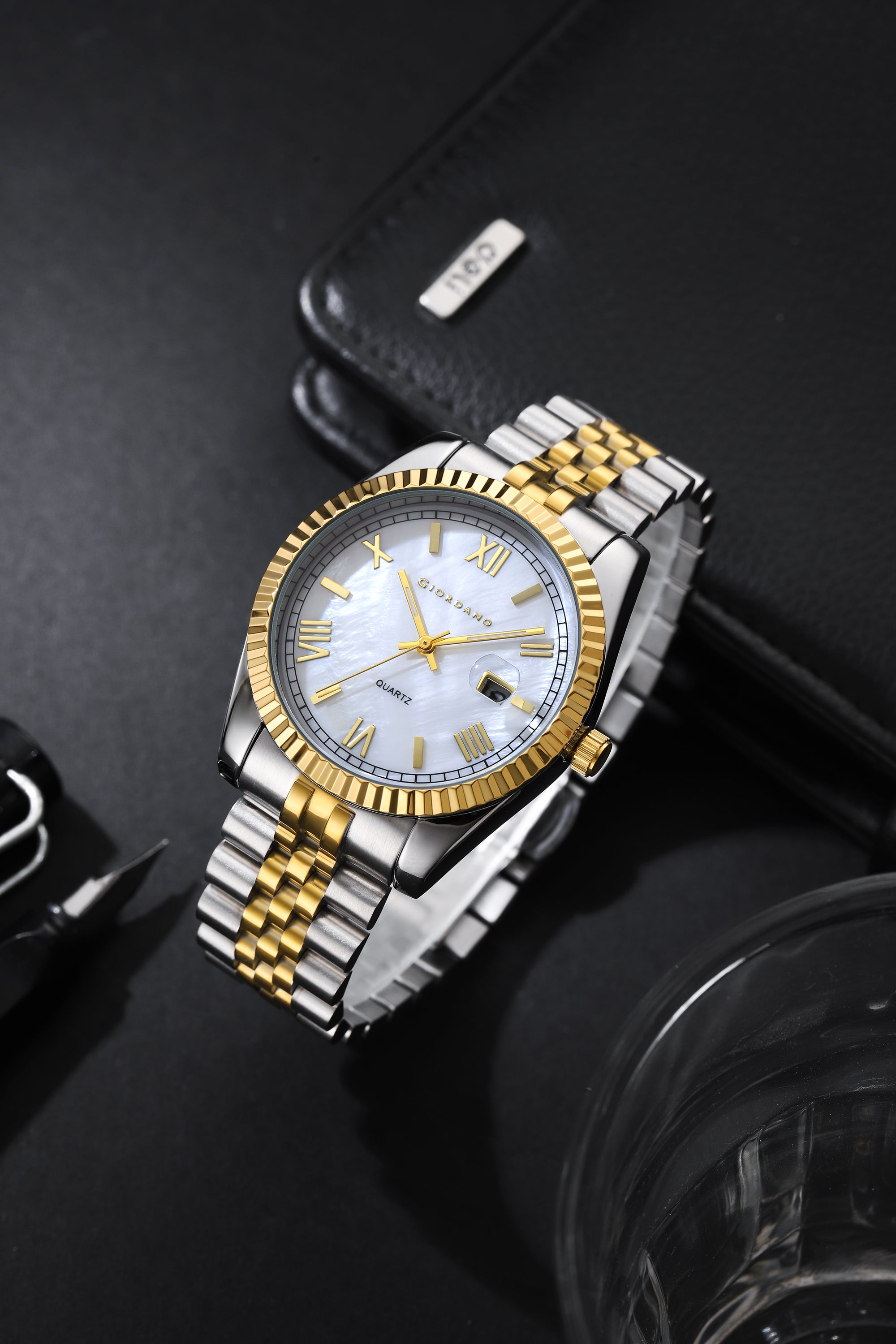 Giordano Analog Quartz Watch for Men with White Mother-of-Pearl Dial, Roman Numeral & Baton Markers, Date Display, Fluted Bezel and Two-Tone Gold & Silver Stainless Steel Strap - GZ-50190-11