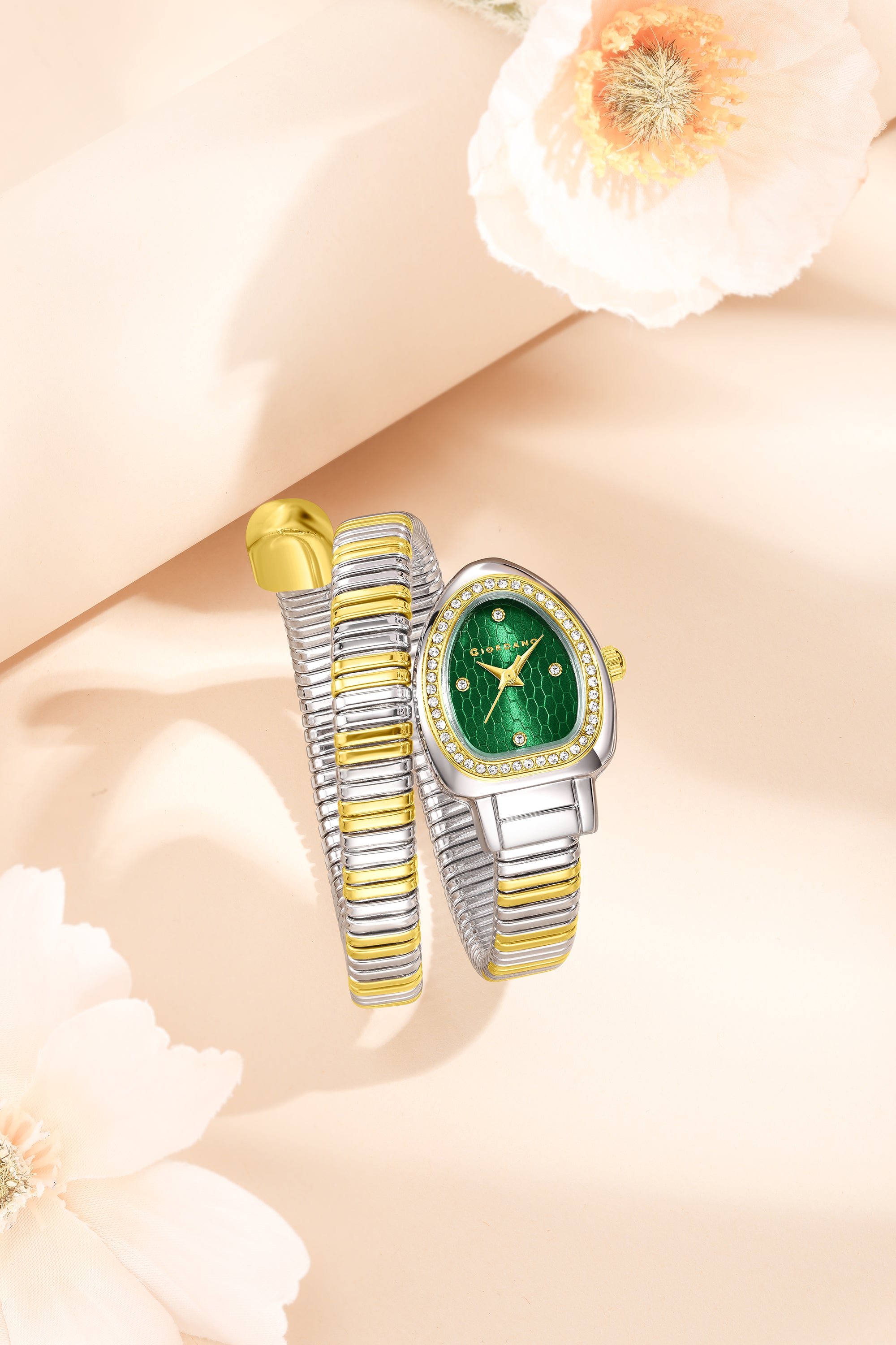 Giordano Serpentine Collection Analog Quartz Watch for Women with Green Honeycomb-Textured Dial, Crystal Bezel & Markers, Snake-Style Wrap-Around Two-Tone Stainless Steel Strap - GZ-60188-33
