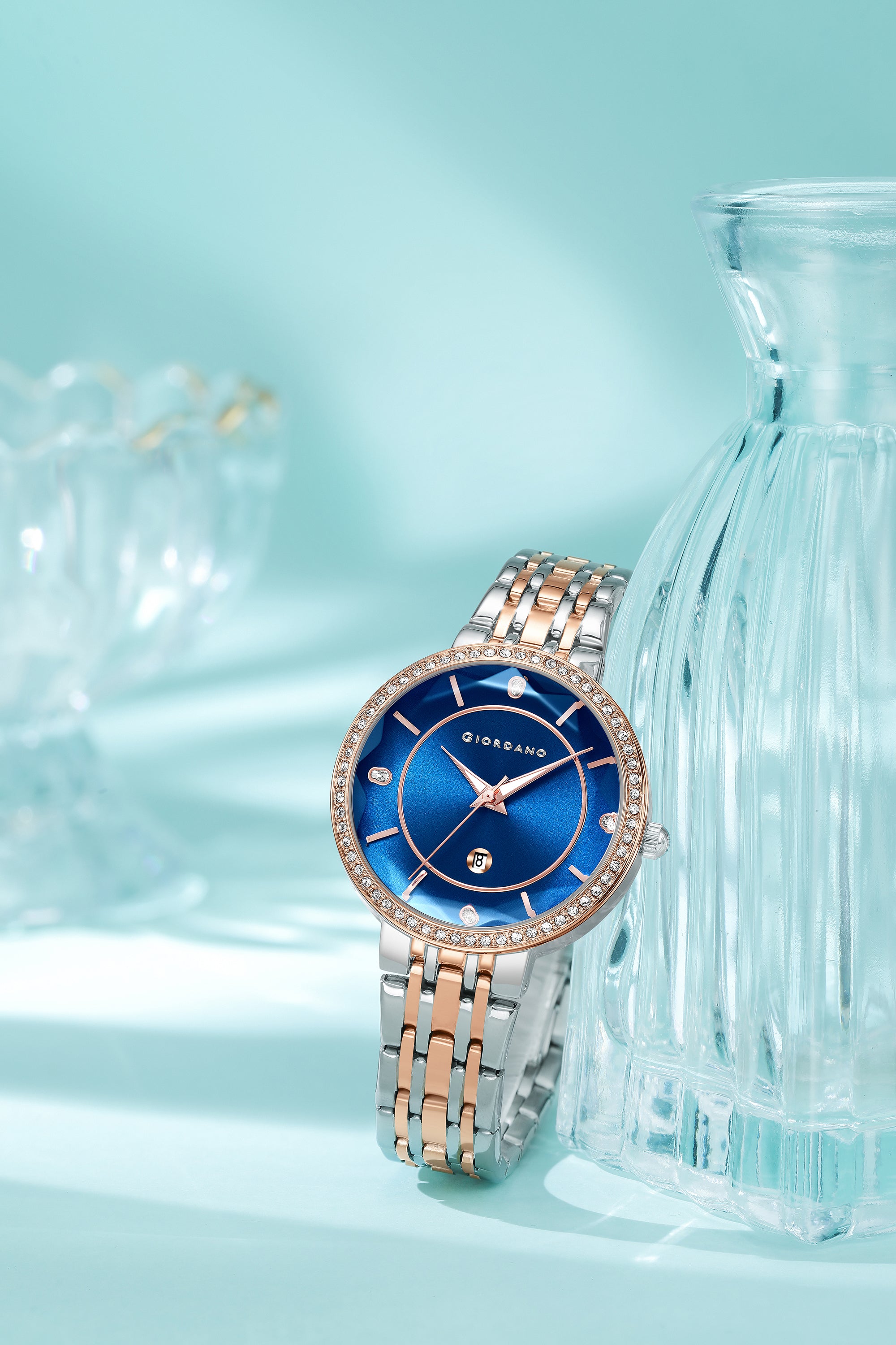 Giordano Analog Quartz Watch for Women with Blue Round Sunray Cut Glass Dial, Date Display, Crystal Hour Markers, Diamond-Studded Bezel and Two-Tone Silver & Rose Gold Stainless Steel Strap - GZ-60110-55
