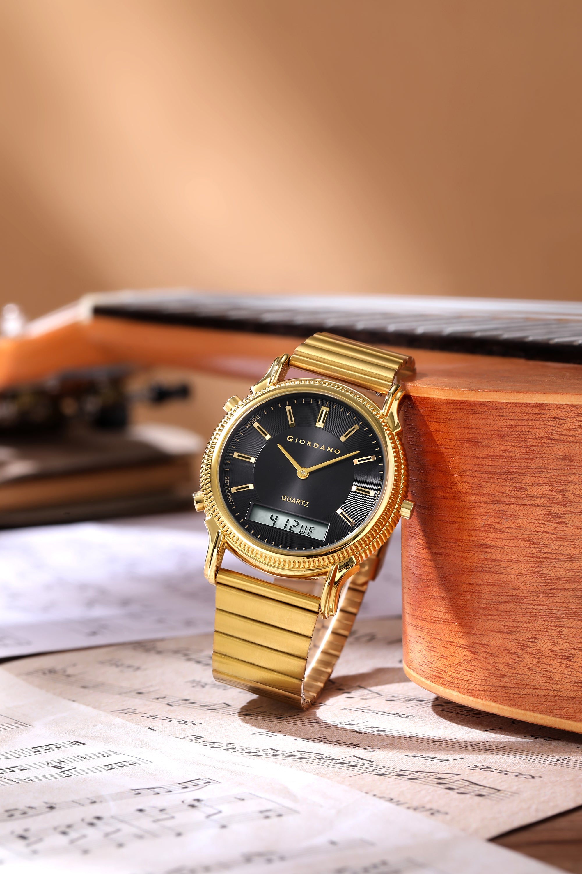 Giordano Analog-Digital Watch for Men - Round Black Dial with Dual Display, Quartz Movement and Gold Stainless Steel Strap - GZ-50209-55