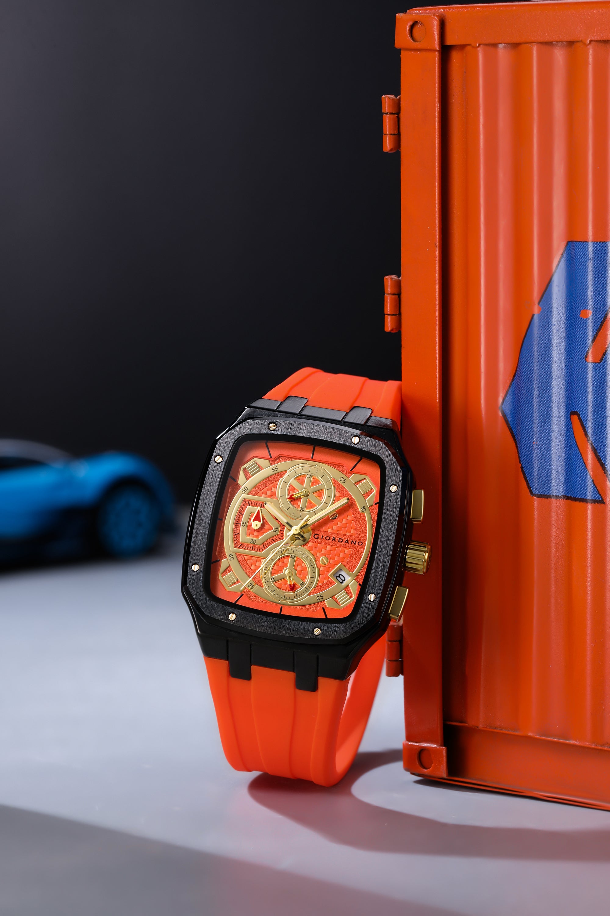 Giordano Analog Watch for Men with Chronograph Subdials, Black Square Case, Date Display, Quartz Movement, Orange Silicone Strap GZ-50204-44