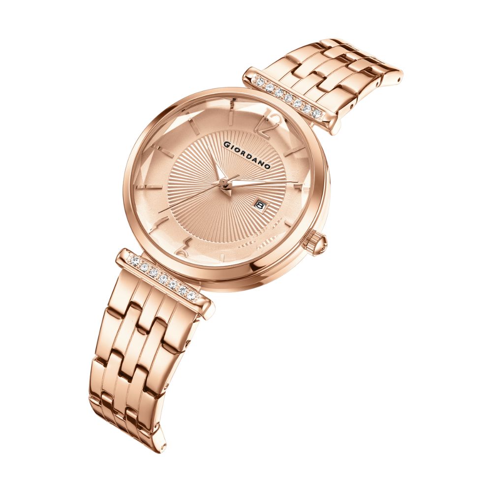 Giordano Exquisite Analog  Watch for Women with Round cut glass Textured Dial, Stainless Steel strap and date display | GZ-60111-44