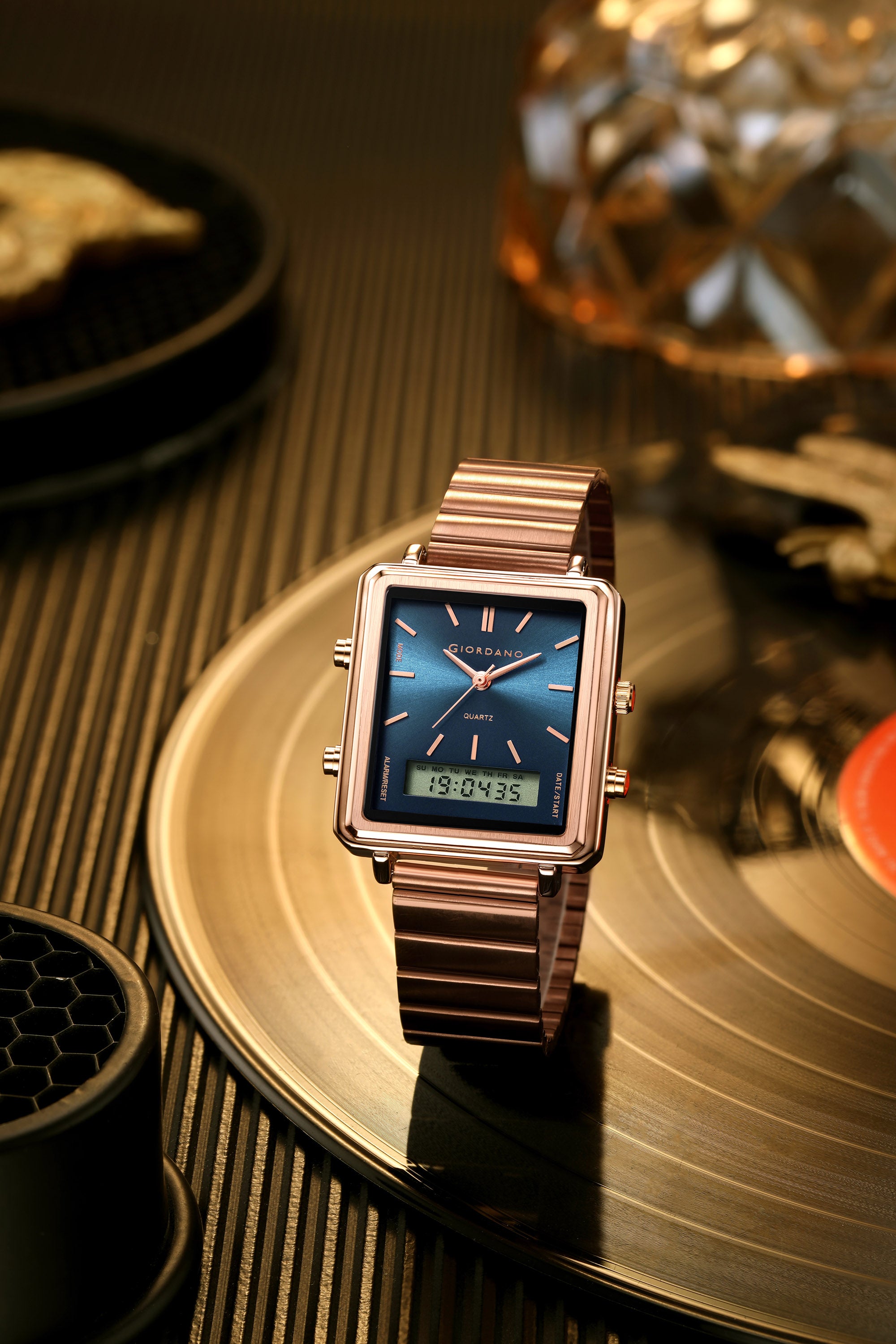 Giordano Analog Digital Watch for Men with Square Blue Dial, Dual Time Display, Rose Gold Stainless Steel Strap - GZ-50210-66