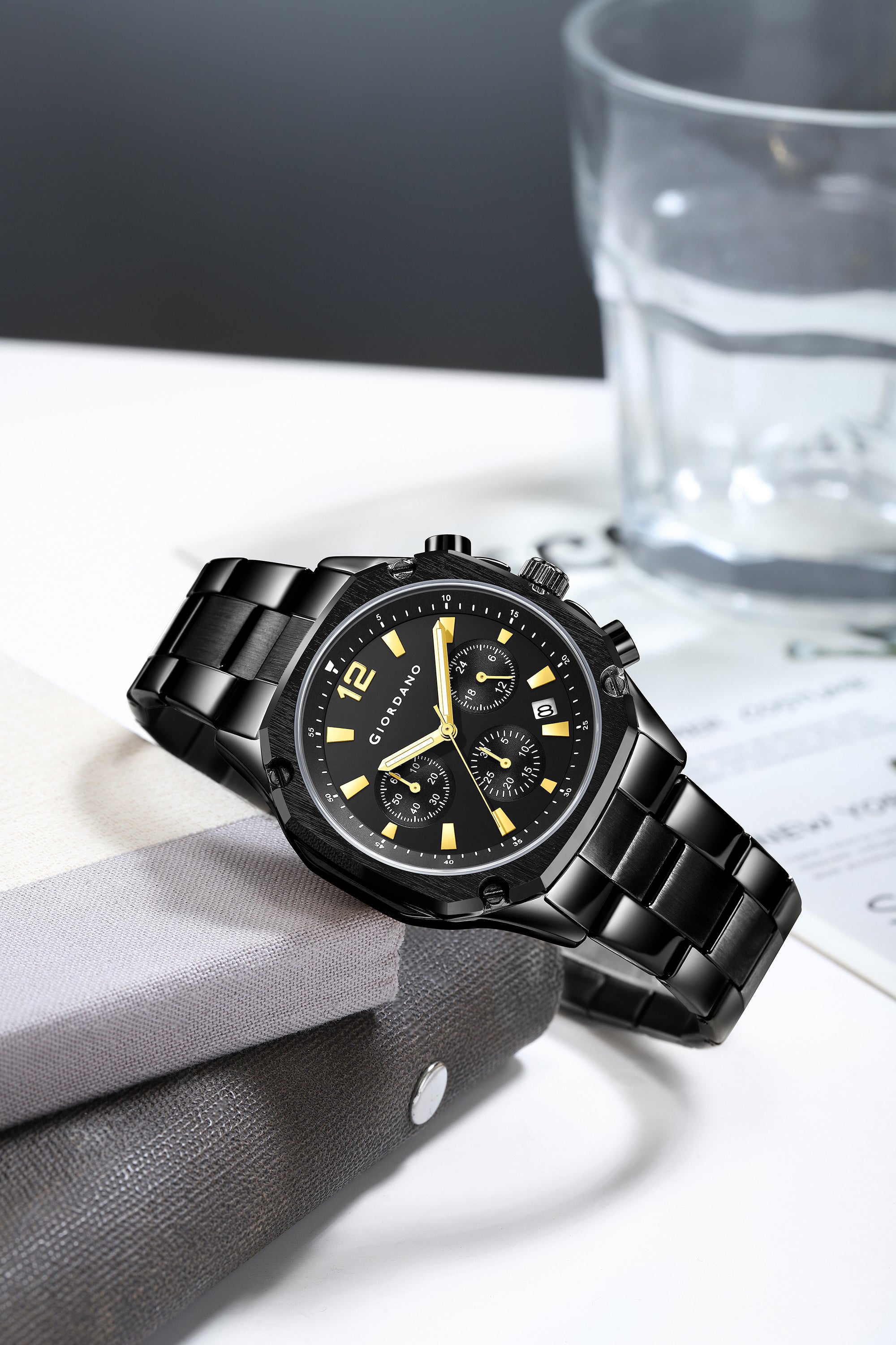 Giordano Analog Watch for Men with Chronograph Subdials, Round Black Dial Date Window, Quartz Movement Silver Stainless Steel Strap GZ-50203-11