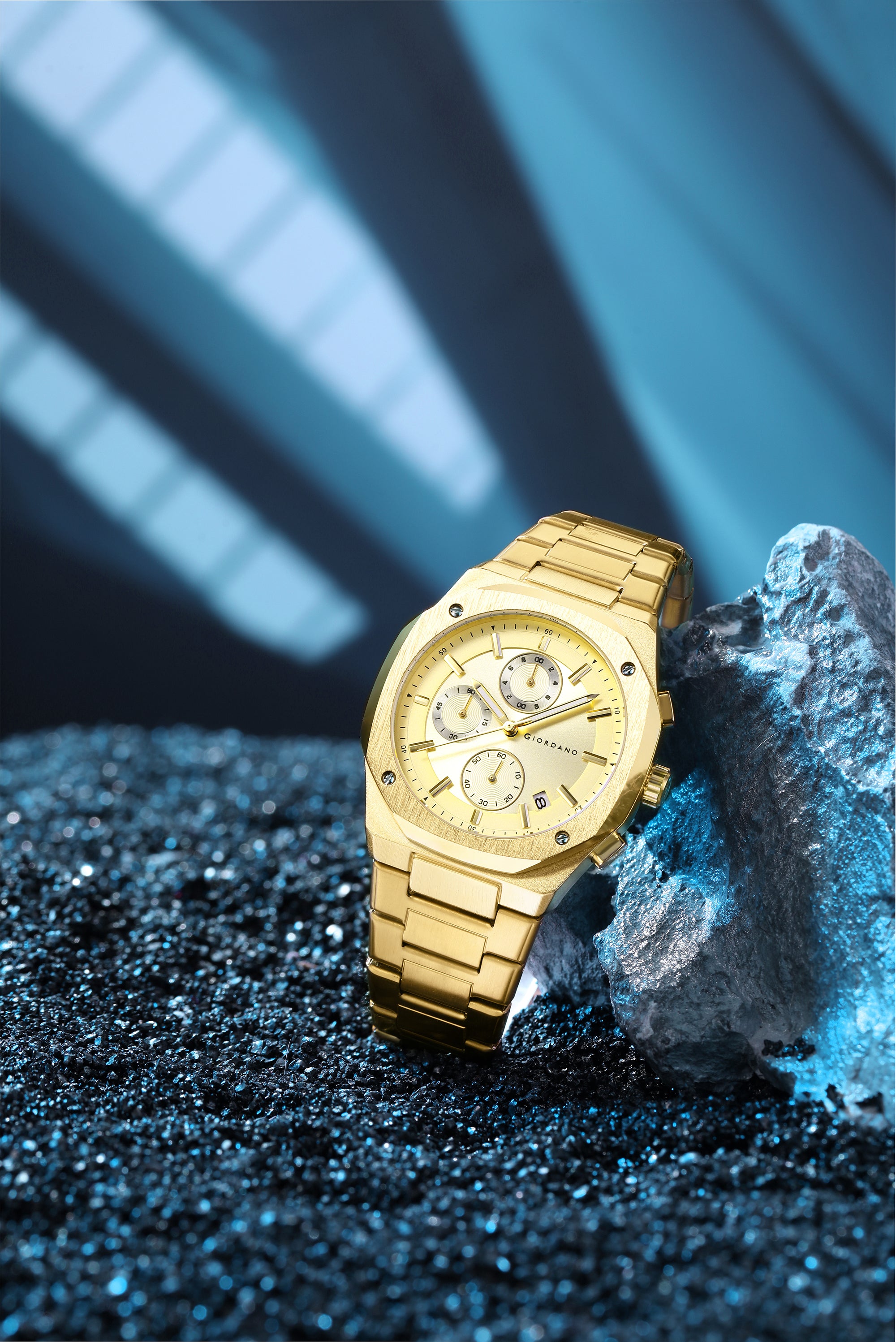 Giordano Chronograph Analog Quartz Watch for Men with Round Gold Dial, Octgonal case, Date Function, Luminous Hands and Hour Markers, Gold Stainless Steel Strap - GZ-50202-44