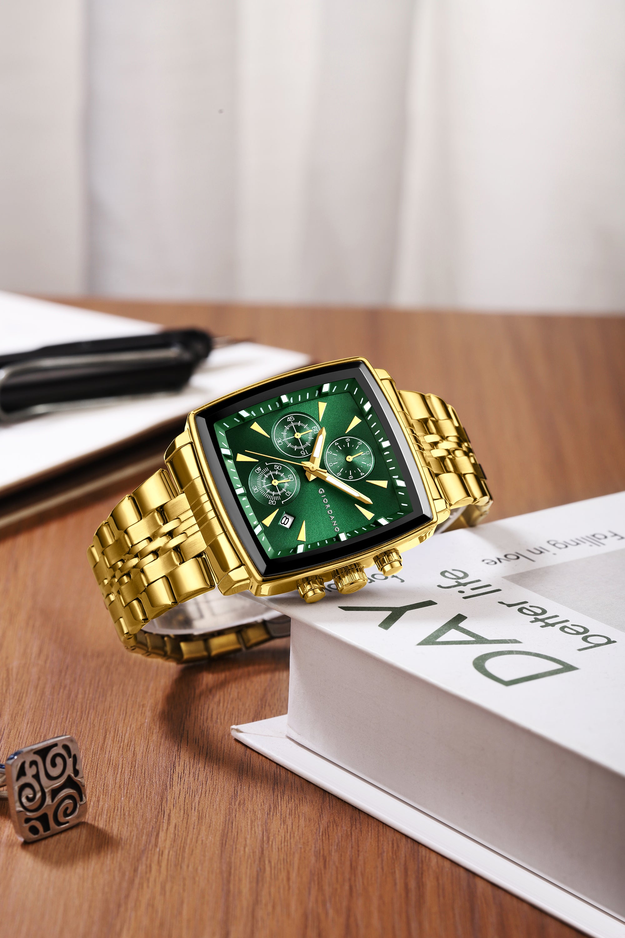 Giordano Multi Function Watch For Men With Square Green Dial, Gold Stainless Steel Strap And Date Display GZ-50138-66