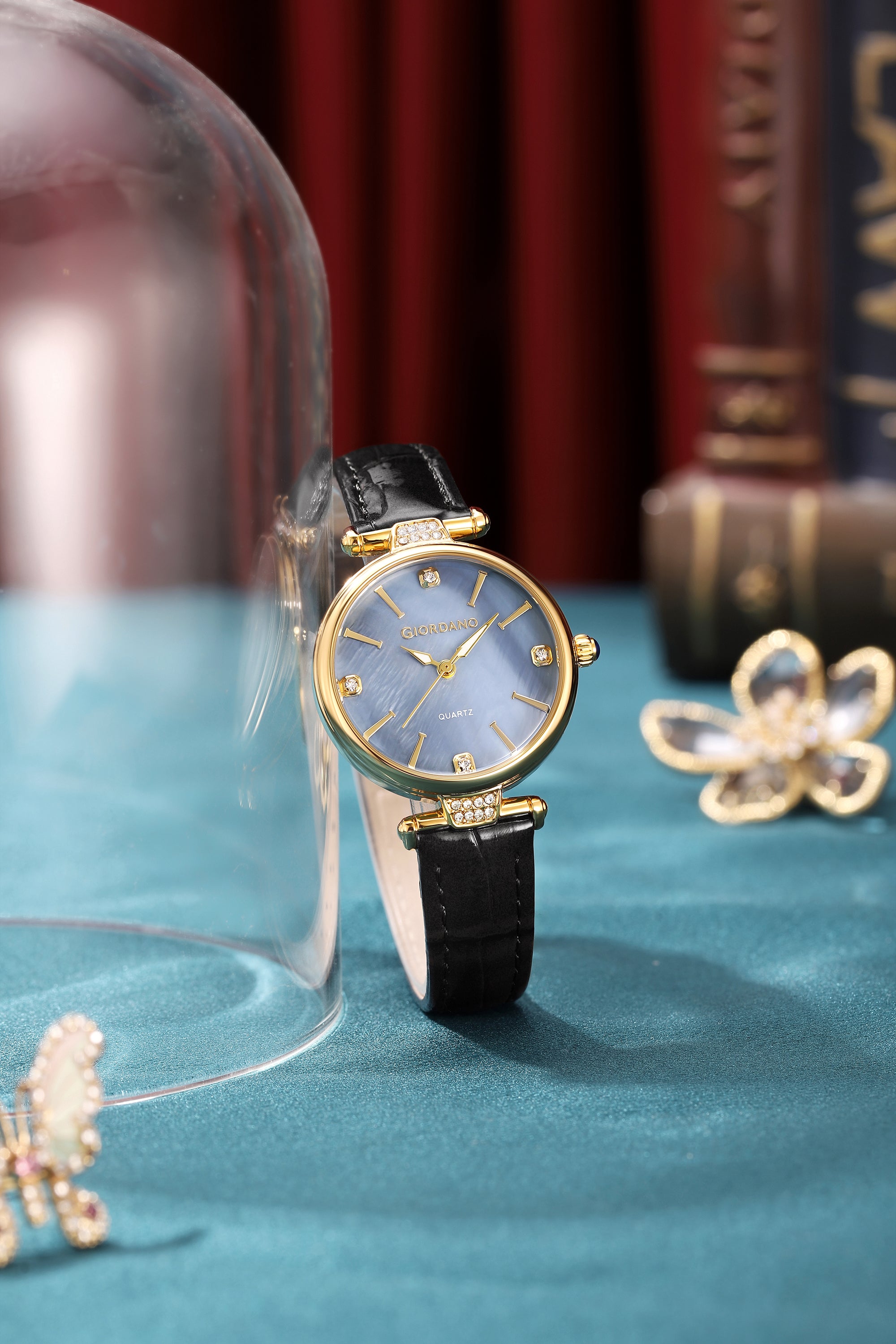 Giordano Analog Quartz Watch for Women with sunray Round Gold Dial, Blue Crown, Luminos hands and Crystal hour markers, Black Leather Strap - GZ-60161-02