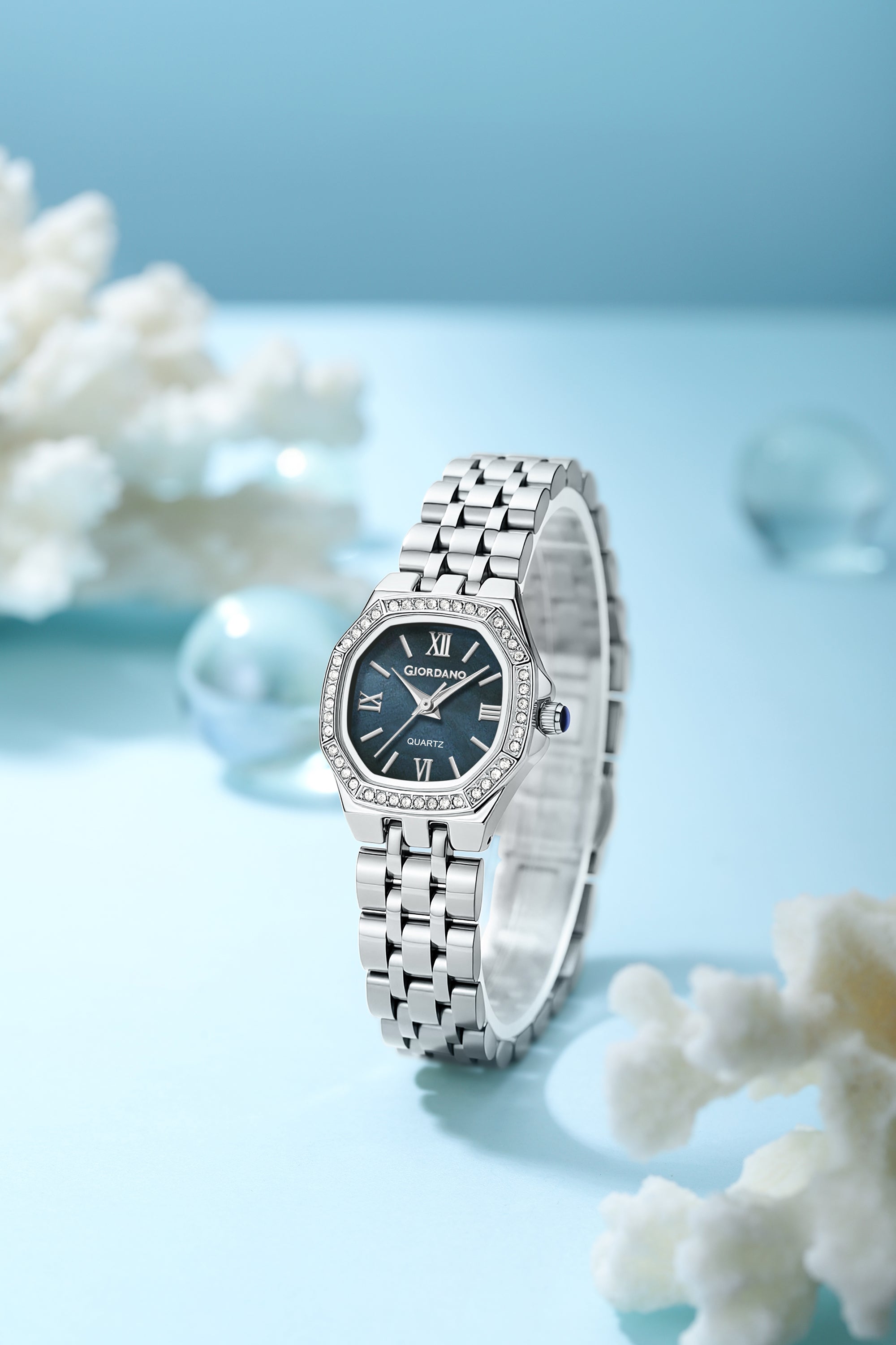 Giordano Analog Quartz Watch for Women with Round Blue Dial, Crystal Studded Bezel, Roman Markers and Stainless Steel Strap - GZ-60162-11