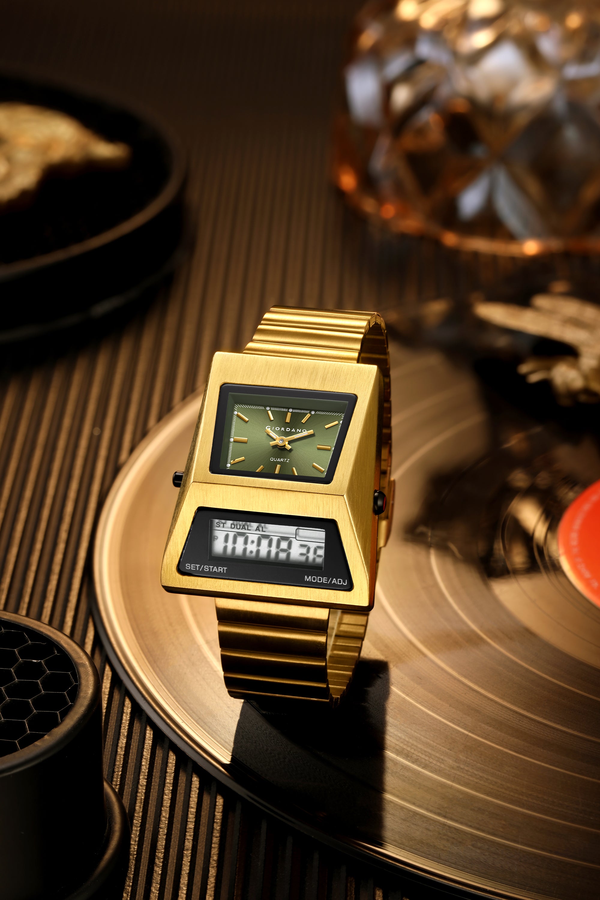 Giordano Analog Digital Watch for Men with Triangle Shape Green Dial, Dual Time Display, Gold Stainless Steel Strap - GZ-50205-33