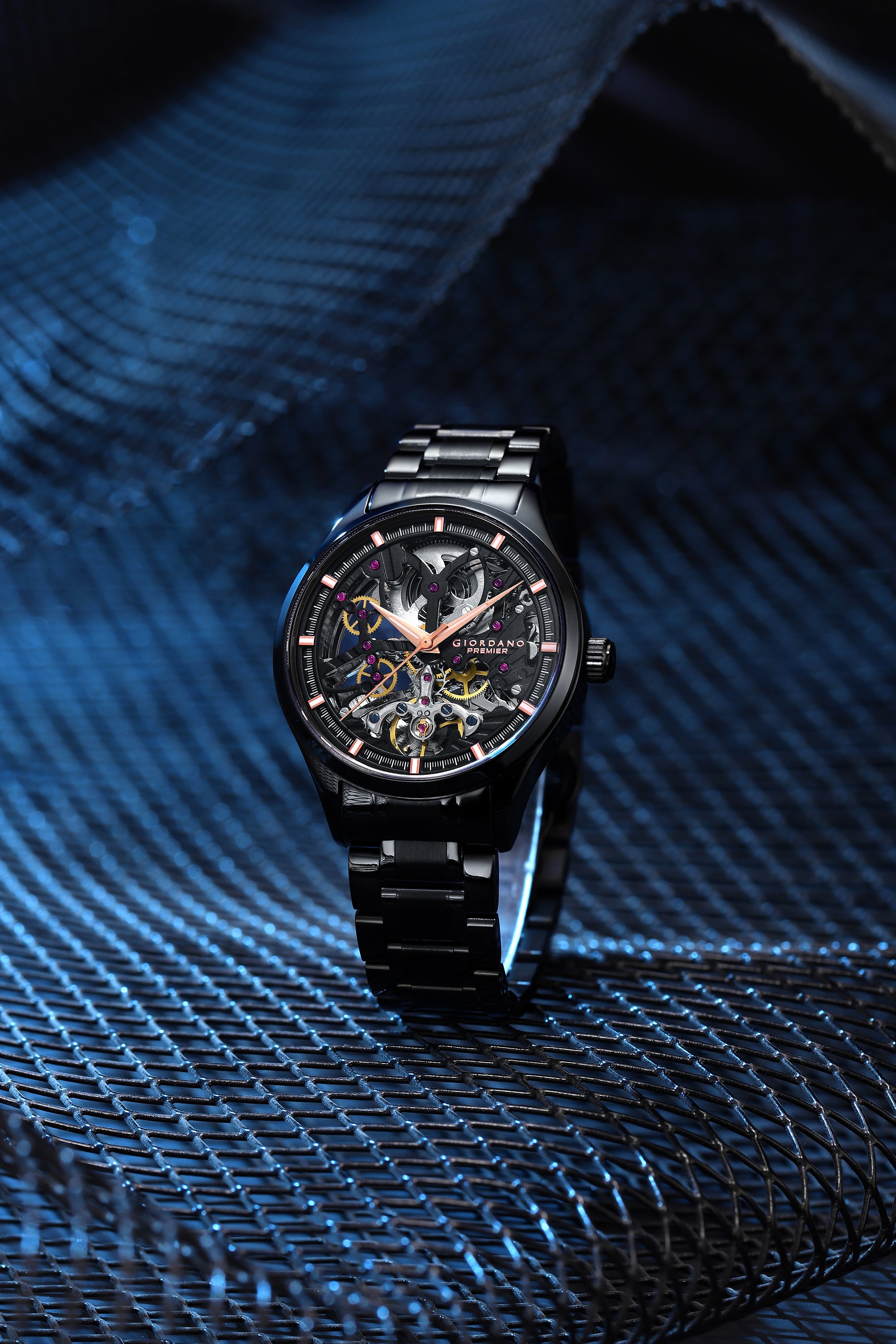 Giordano Automatic Watch for Men with Skeleton Round Black Dial, Luminous Hands and Markers, Black Stainless Steel Strap - GZ-50225-11