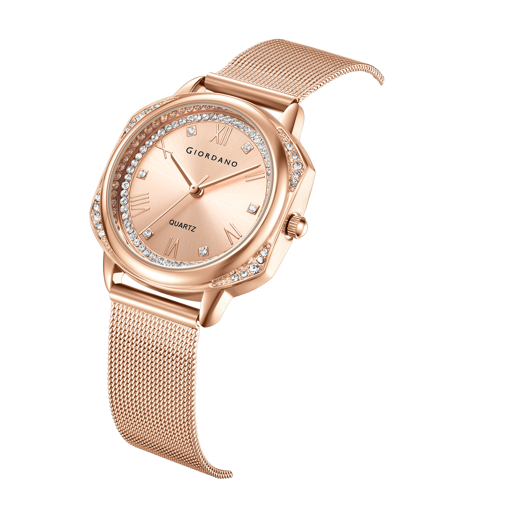Giordano Rose Gold Analog Quartz Watch Gift Set for Women – 3 Piece Combo with Mesh Strap, Roman Numeral Crystal Studded Dial, Round Pearl Pendant Necklace & Bangle Bracelet - GZ-60183-22