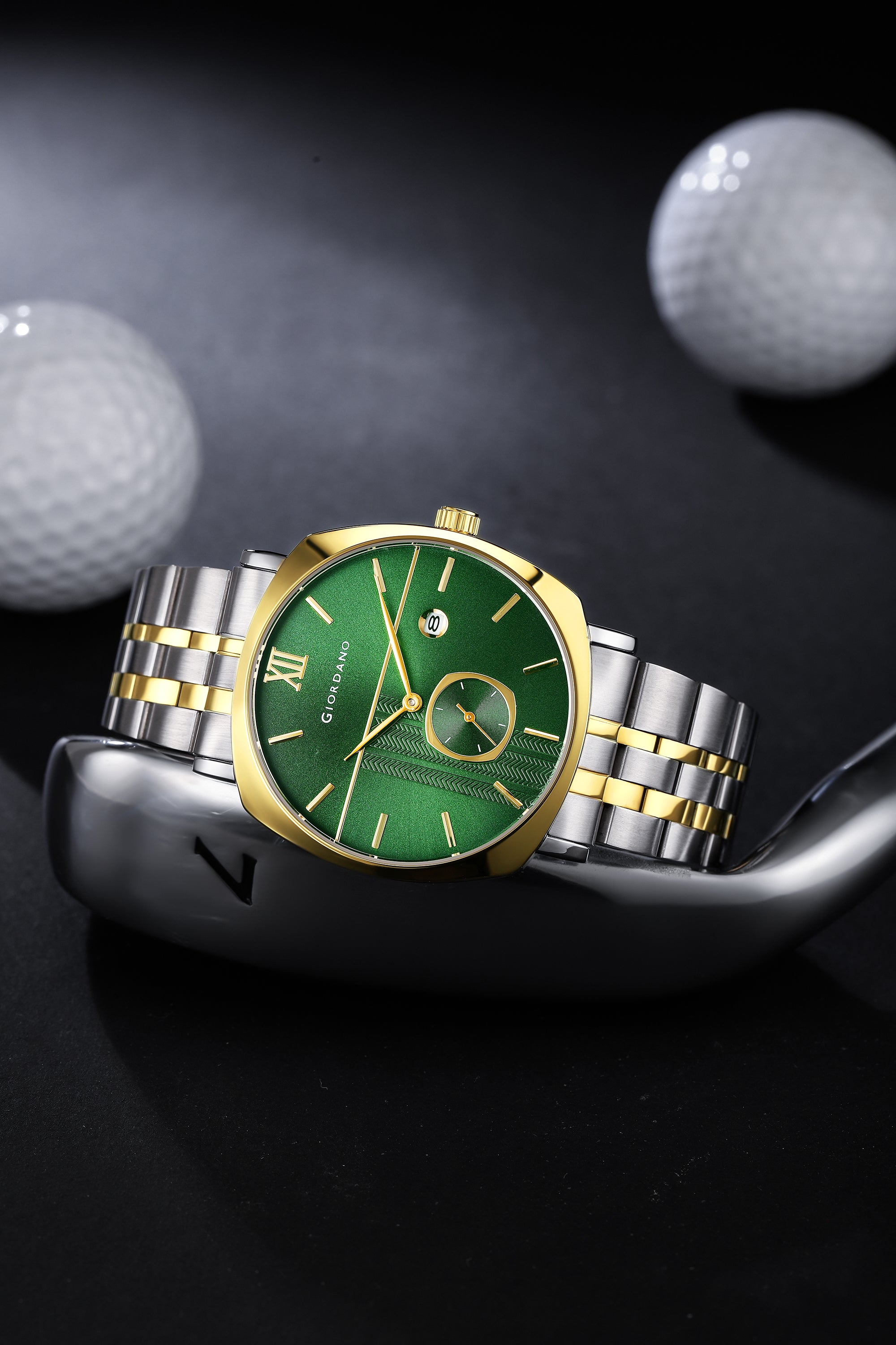 Giordano Analog Quartz Watch for Men with Green Sunray Patterned Dial, Roman XII & Baton Hour Markers, Small Seconds Sub-Dial, Date Display and Two-Tone Stainless Steel Strap - GZ-50192-22