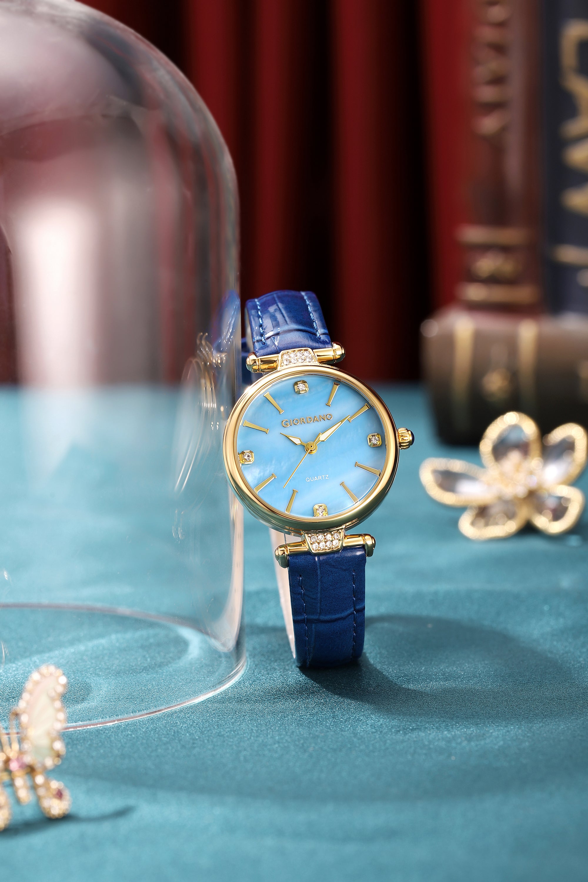 Giordano Analog Quartz Watch for Women with sunray Round Blue Dial, Blue Crown, Luminos hands and Crystal hour markers, Blue Leather Strap - GZ-60161-05