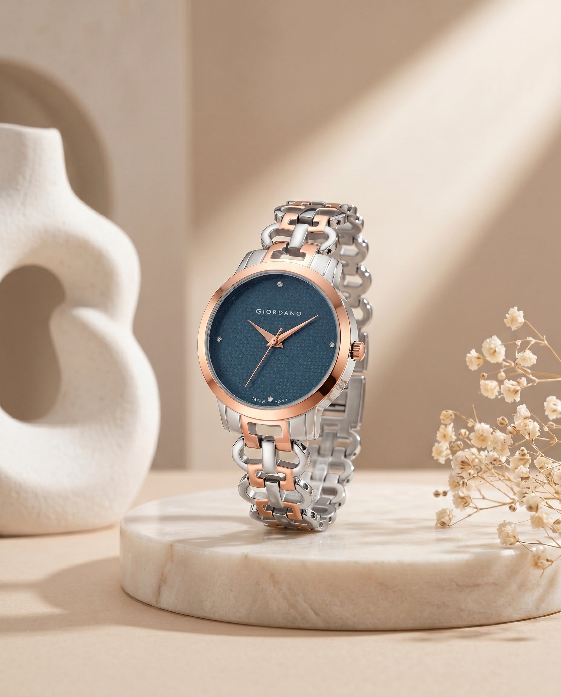 Giordano Analog Quartz Watch for Women with Blue Textured Round Dial, Crystal Hour Markers & Rose Gold and Silver Two-Tone Stainless Steel Bracelet Strap - C2204-88