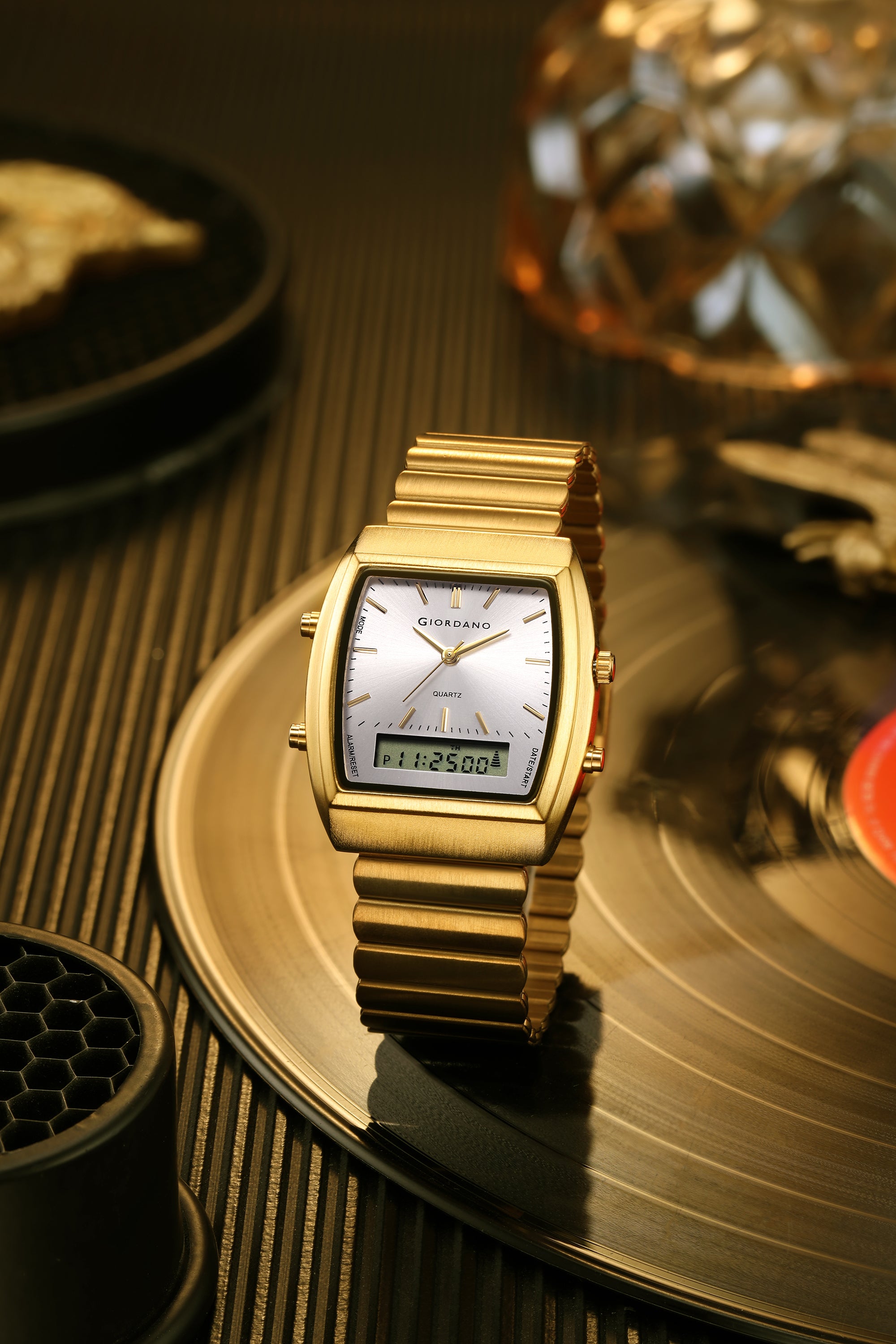 Giordano Analog Digital Watch for Men with Square White Dial, Day Function, Gold Stainless Steel Strap - GZ-50207-22
