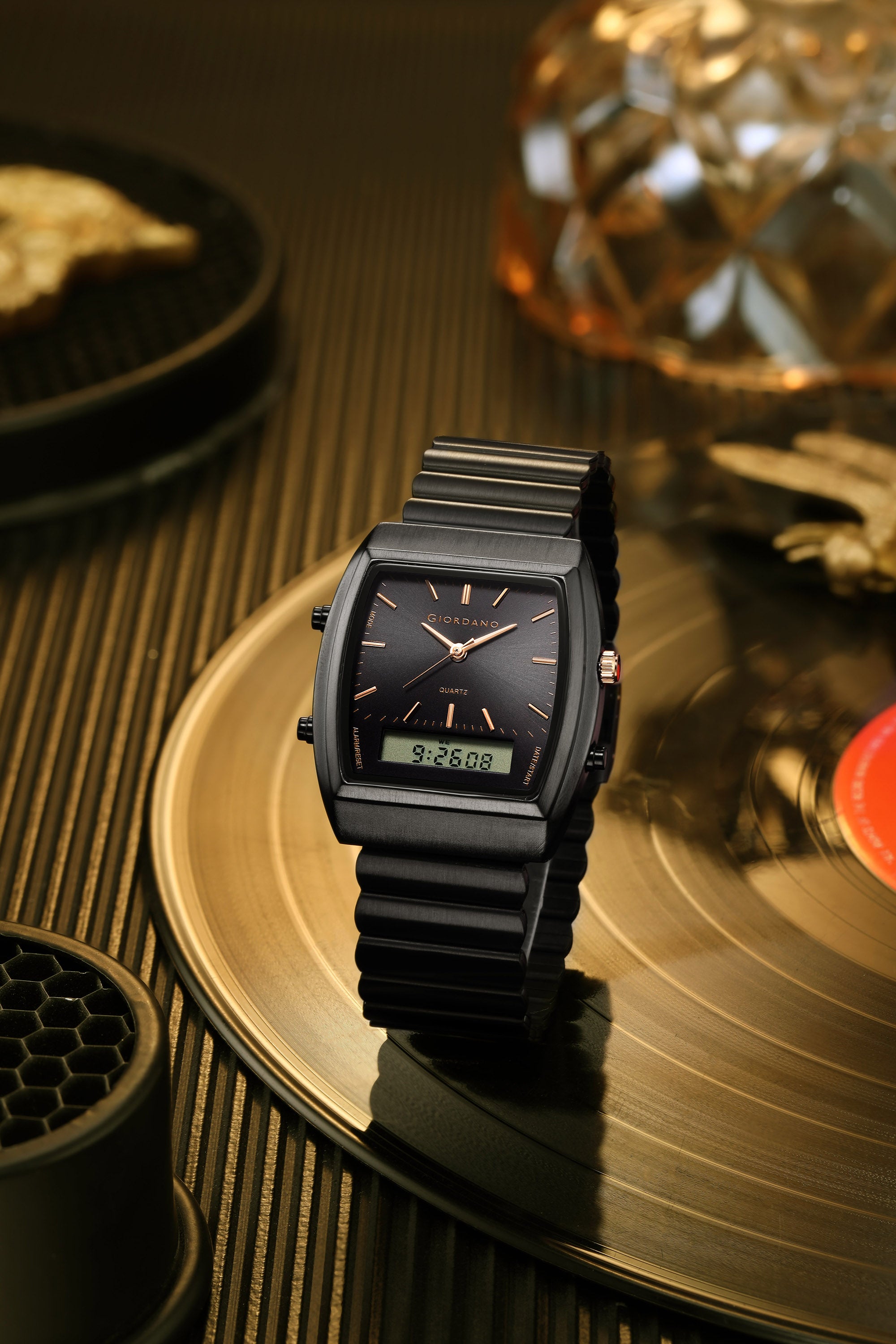 Giordano Analog Digital Watch for Men with Square Black Dial, Day Function, Black Stainless Steel Strap - GZ-50207-11