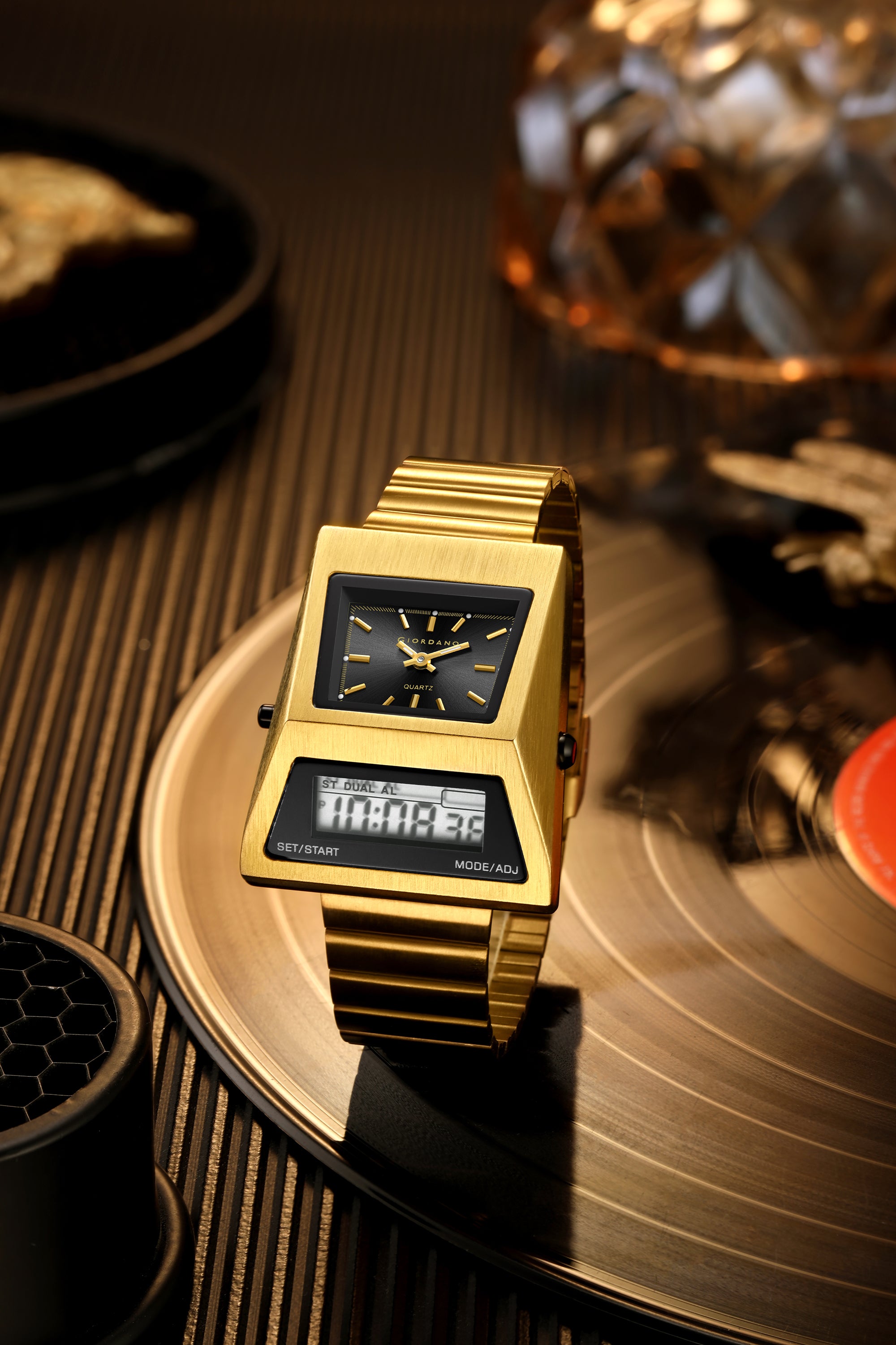 Giordano Analog Digital Watch for Men with Triangle Shape Black Dial, Dual Time Display, Gold Stainless Steel Strap - GZ-50205-22