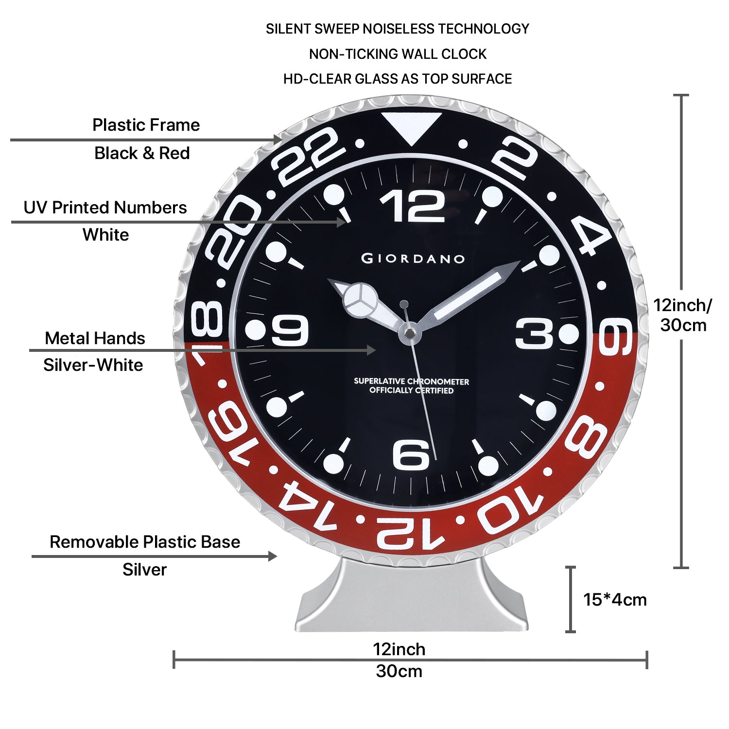 Giordano Wall Clock, Silent Sweep Non-Ticking Quartz Movement, Black Dial, Red & Black Diver Style Bezel, Plastic Frame - GDCLTM2026BLKRD