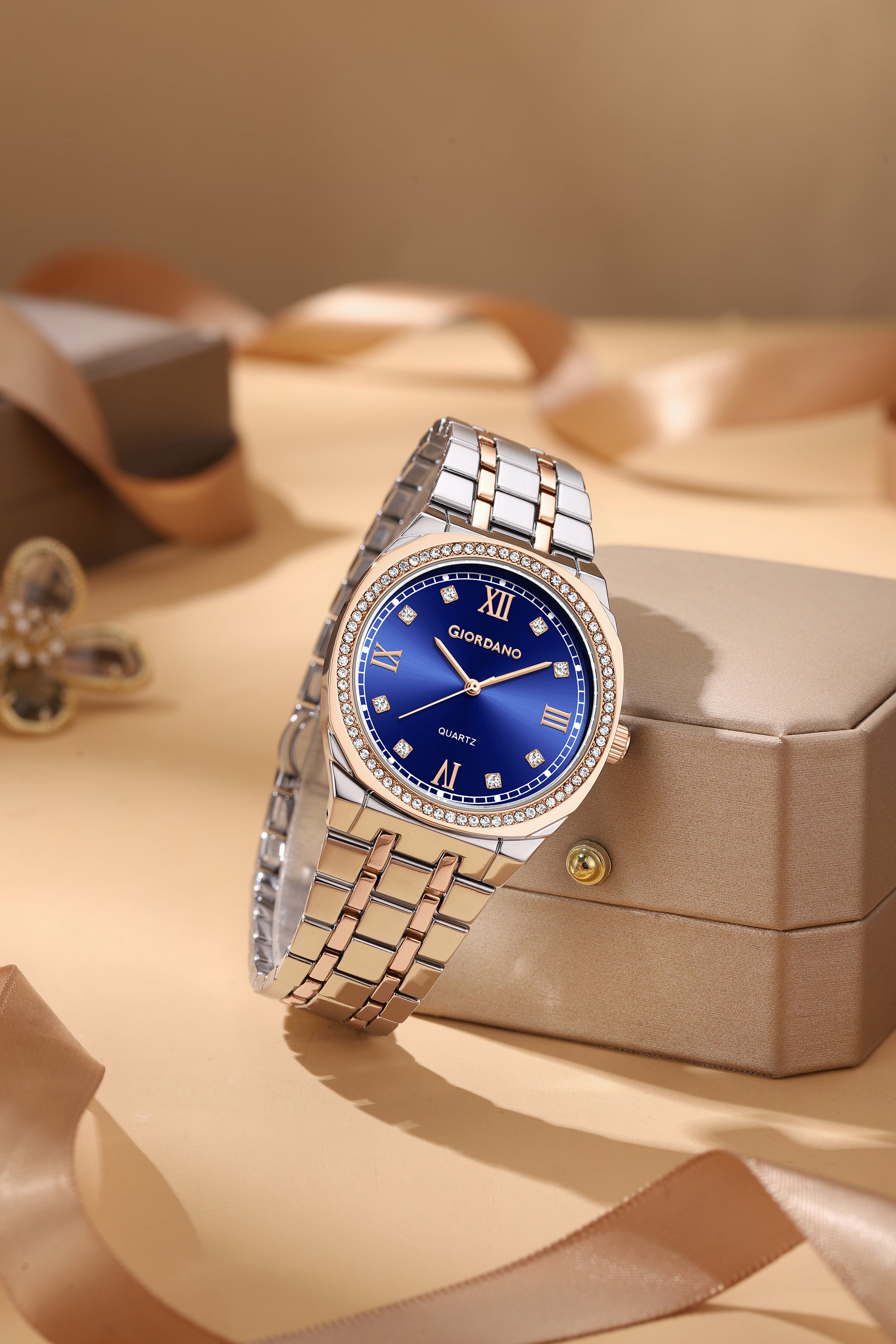 Giordano Analog Quartz Watch for Men with Round Blue Dial, Roman Indices, Blue Crown, Crystal Studded Hour Markers and Bezel, Silver and Rose Gold Stainless Steel Strap - GZ-50216-44