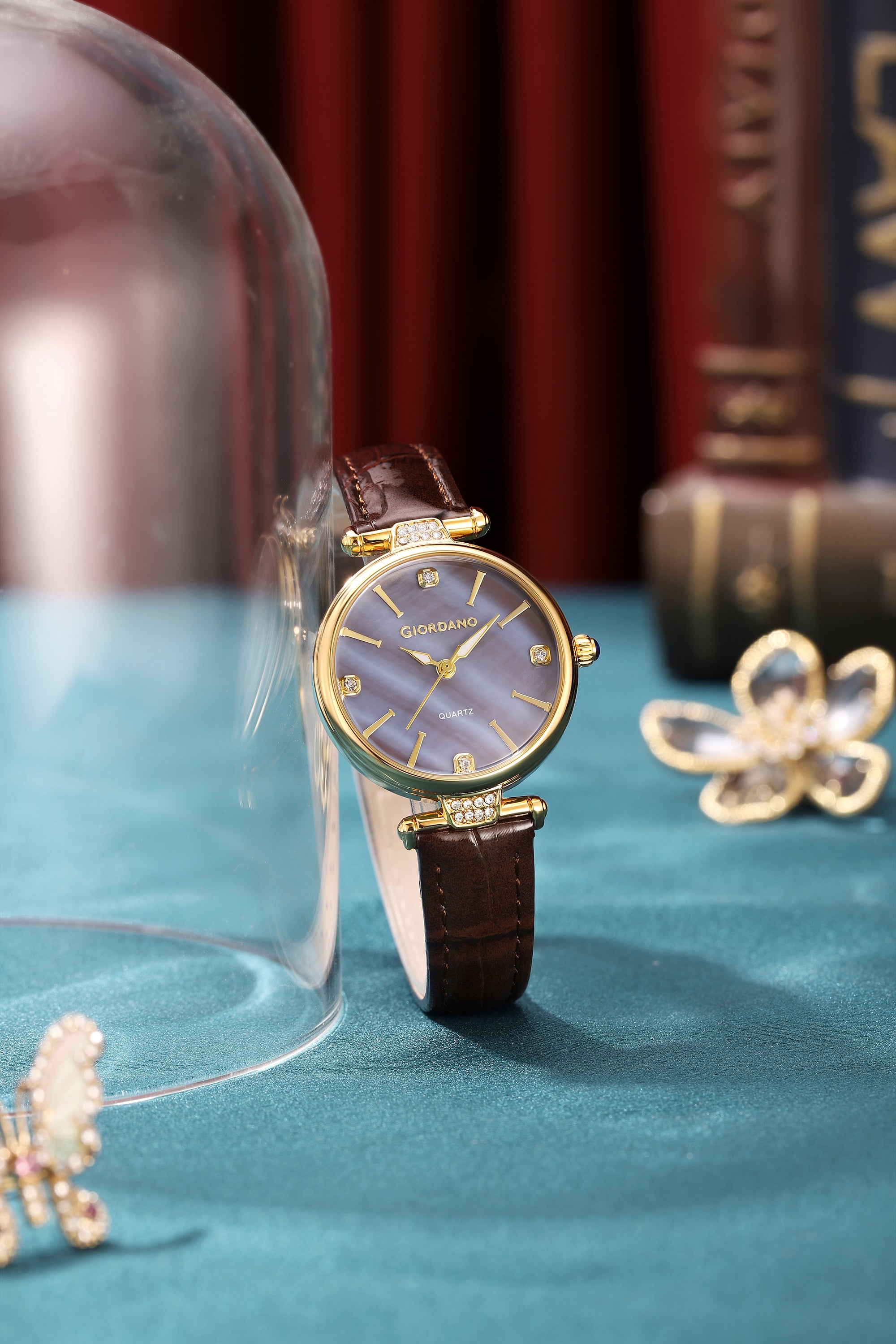 Giordano Analog Quartz Watch for Women with sunray Round Brown Dial, Blue Crown, Luminos hands and Crystal hour markers, Brown Leather Strap - GZ-60161-06