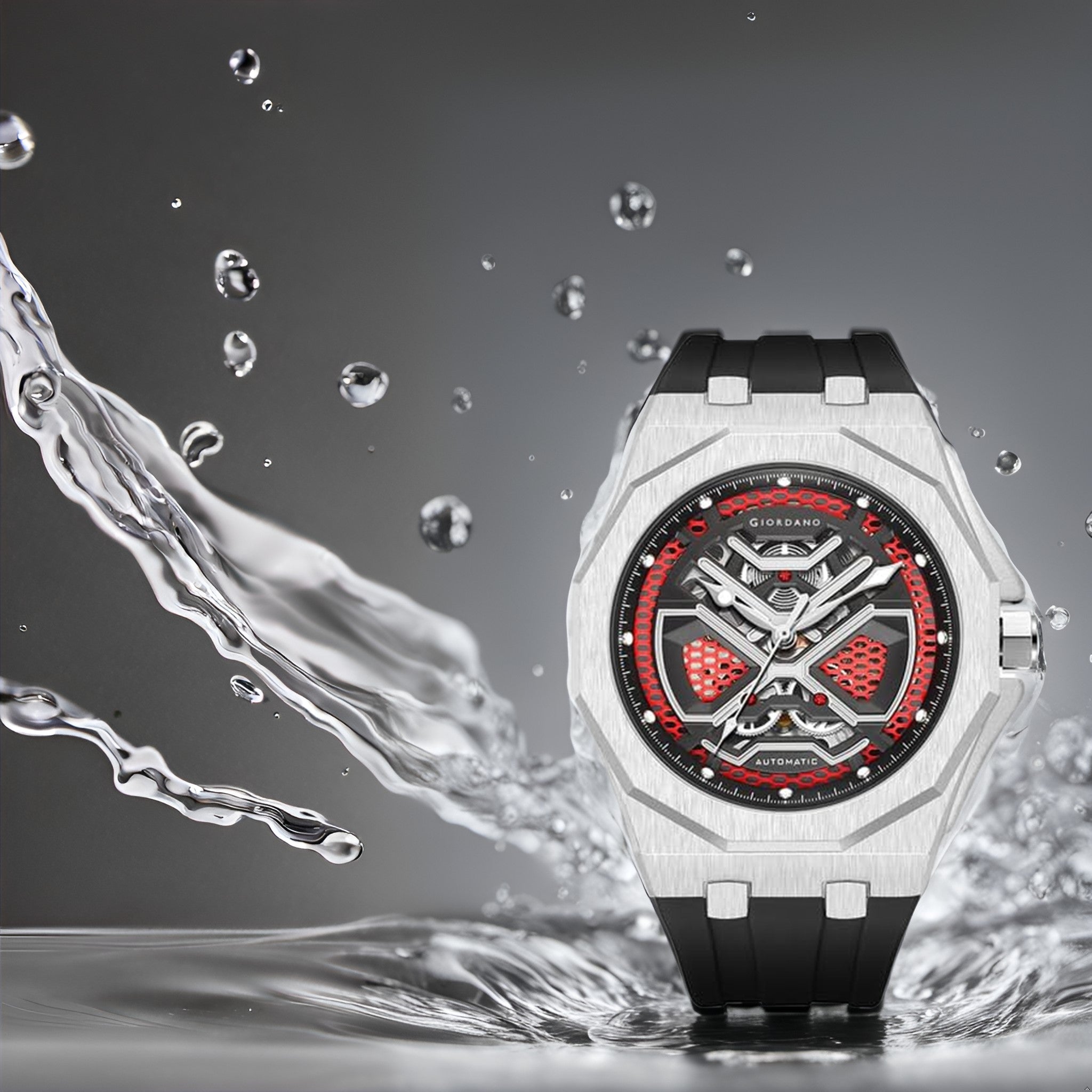 Giordano Red Automatic Unique Watch for Men with Stainless Steel Case, Silicone Strap, Luxury Design & Water Resistant GZ-50125-03