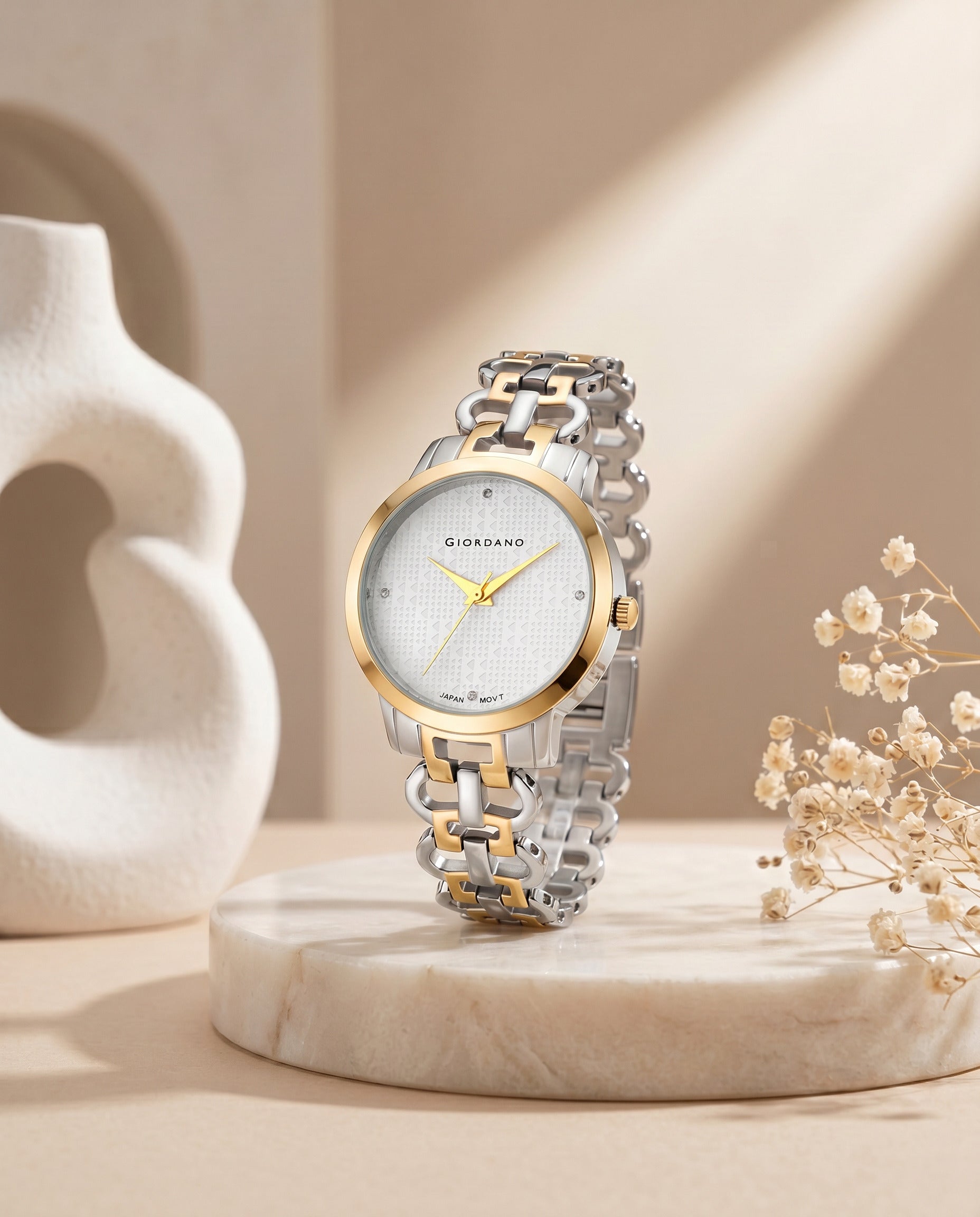 Giordano Analog Quartz Watch for Women with White Textured Round Dial, Crystal Hour Markers & Gold and Silver Two-Tone Stainless Steel Bracelet Strap - C2204-77