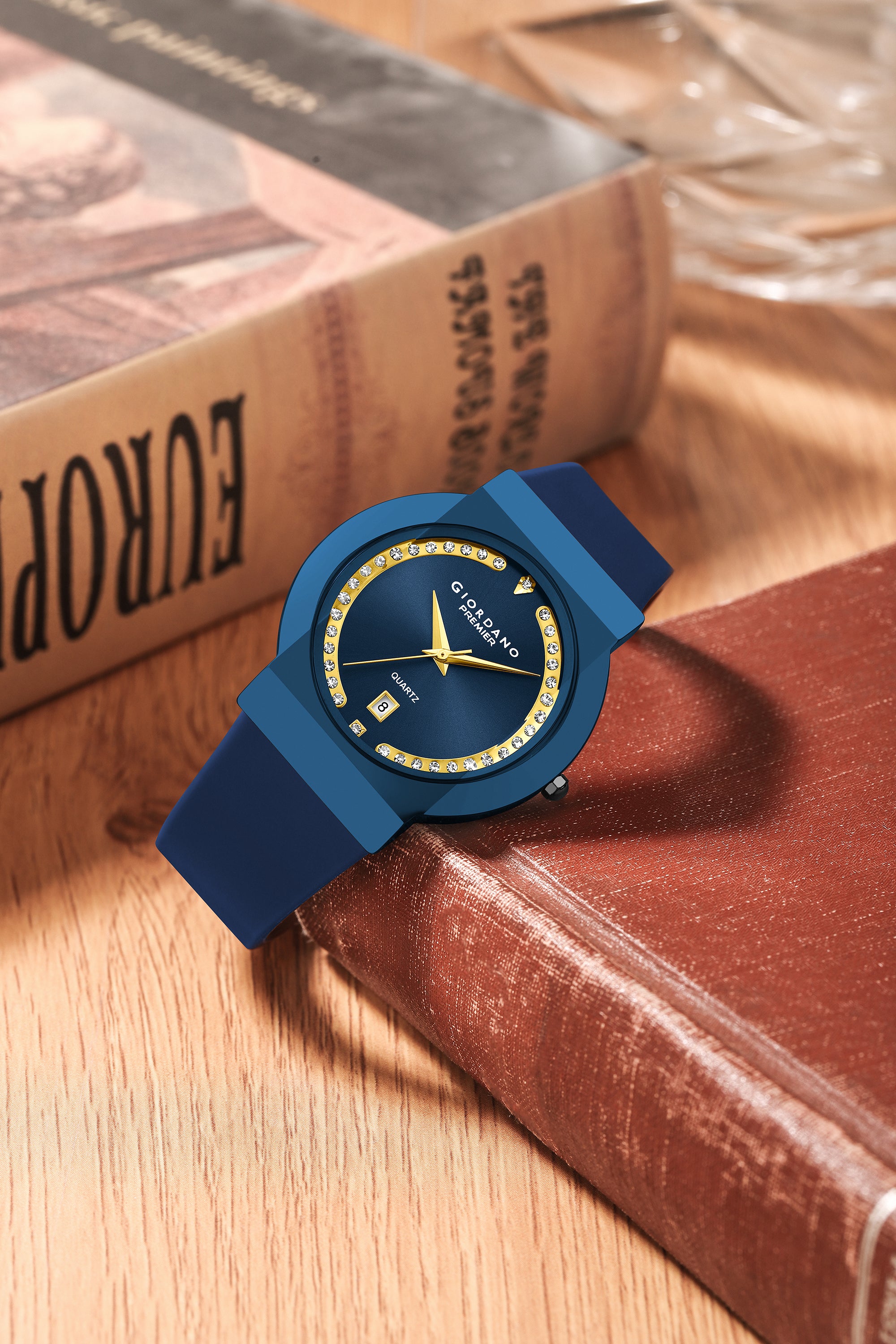 Giordano Premier Analog Quartz Watch for Women with Round Blue Dial, Crystal Studded Bezel, Date Display, Blue Case & Silicone Strap - GZ-50228-03