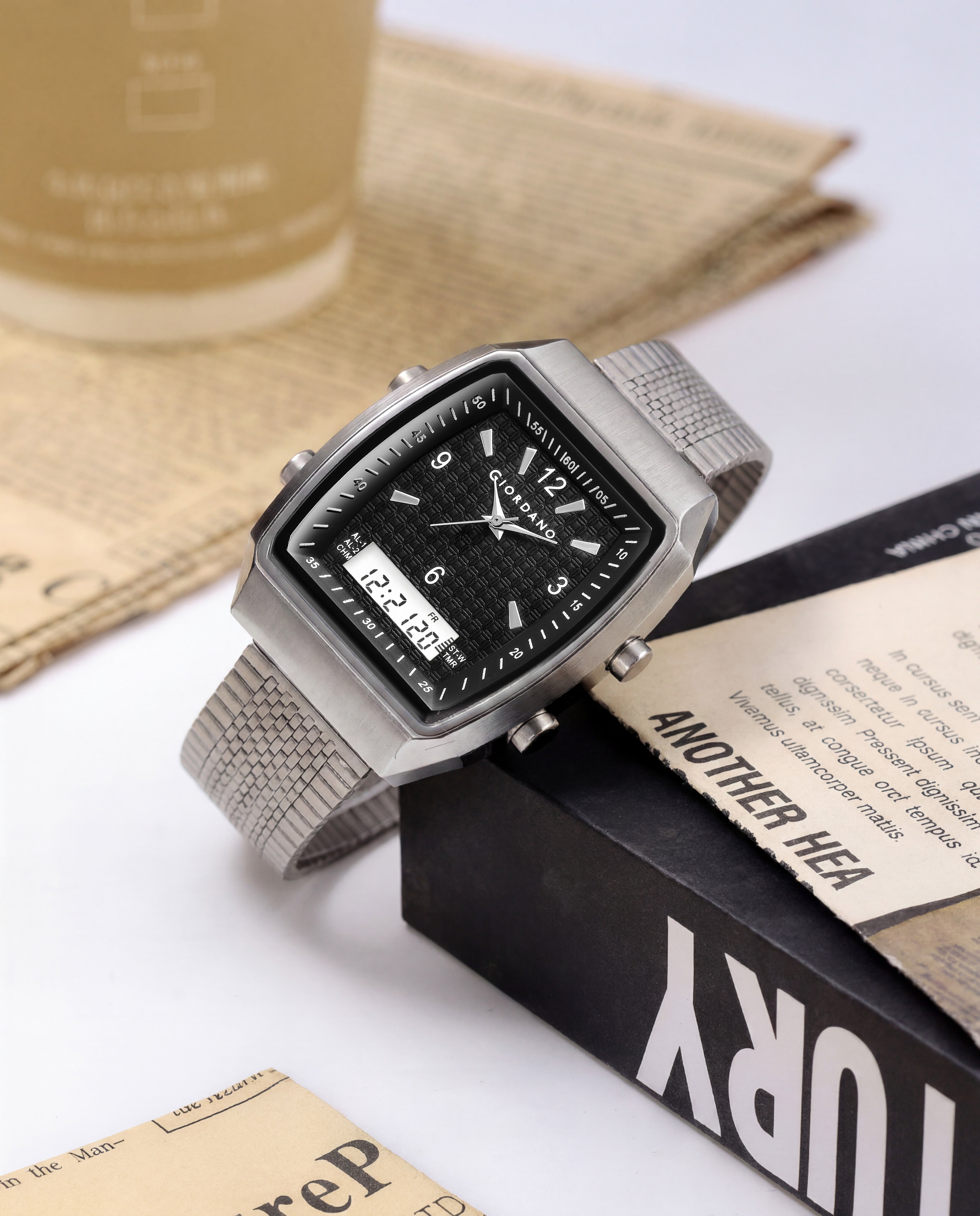 Giordano Analog-Digital Square Watch for Men Dual Time Display, Quartz Movement, Day Display, Textured Dial and Black Stainless Steel Strap - GZ-50219-22