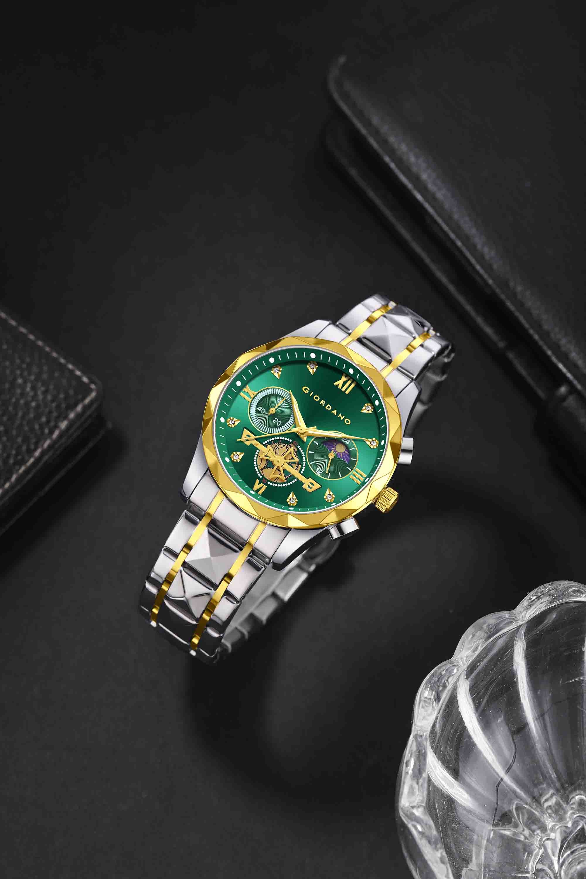 Giordano Chronograph Analog Quartz Watch for Men with Green Dial, Multifunction Subdials, Sun Moon Display, Crystal Hour Markers, Roman Numerals, Dual-Tone Stainless Steel Strap - GZ-50236-33