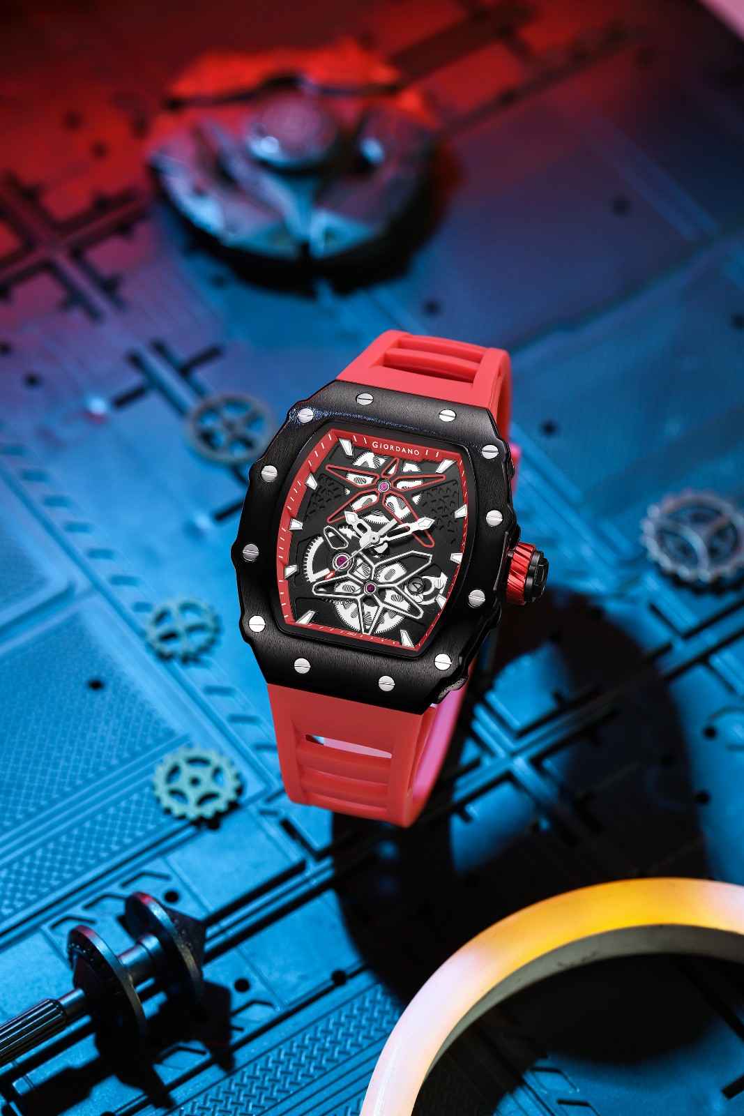 Giordano Analog Skeleton Dial Watch for Men – Tonneau Case, Silicone Strap, Open-Gear Sport Design, Quartz Movement - GZ-50188-66