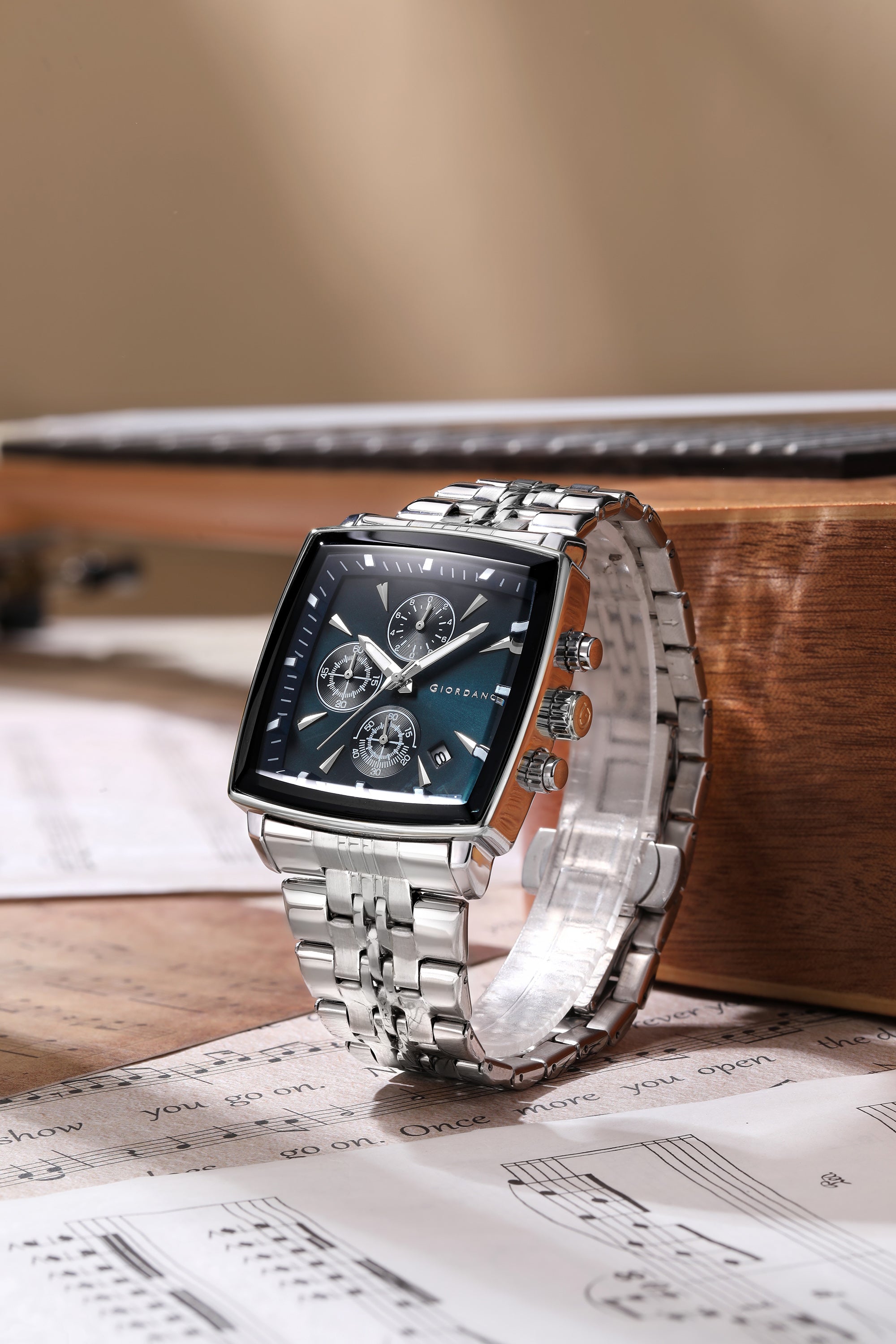 Giordano Multi Function Watch For Men With Square Blue Dial, Stainless Steel Strap And Date Display GZ-50138-22