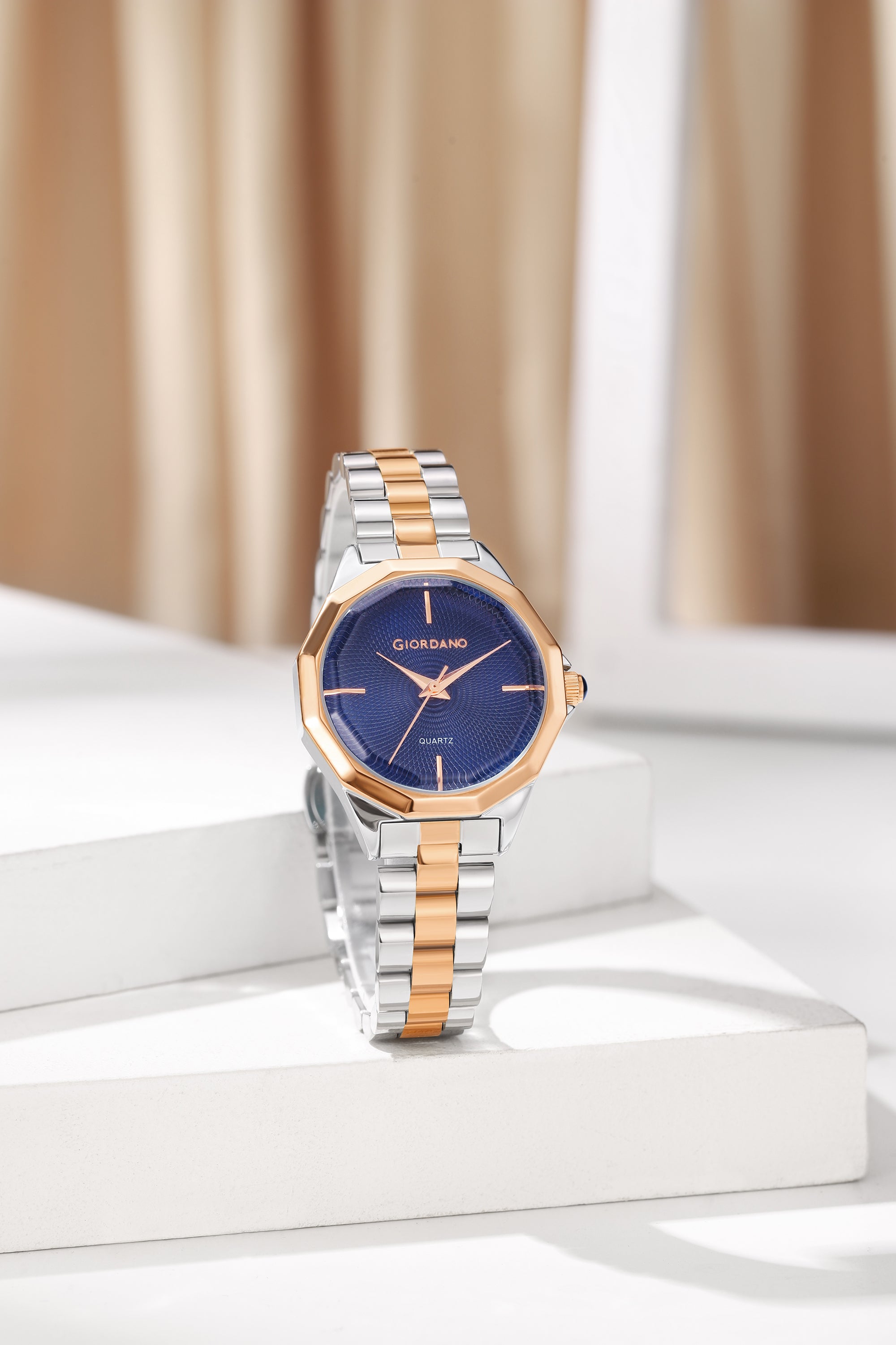 Giordano Analog Quartz Watch for Women with Textured Round Blue Dial, Square Case, Blue Crown, Silver and Rose Gold Stainless Steel Strap - GZ-60158-22