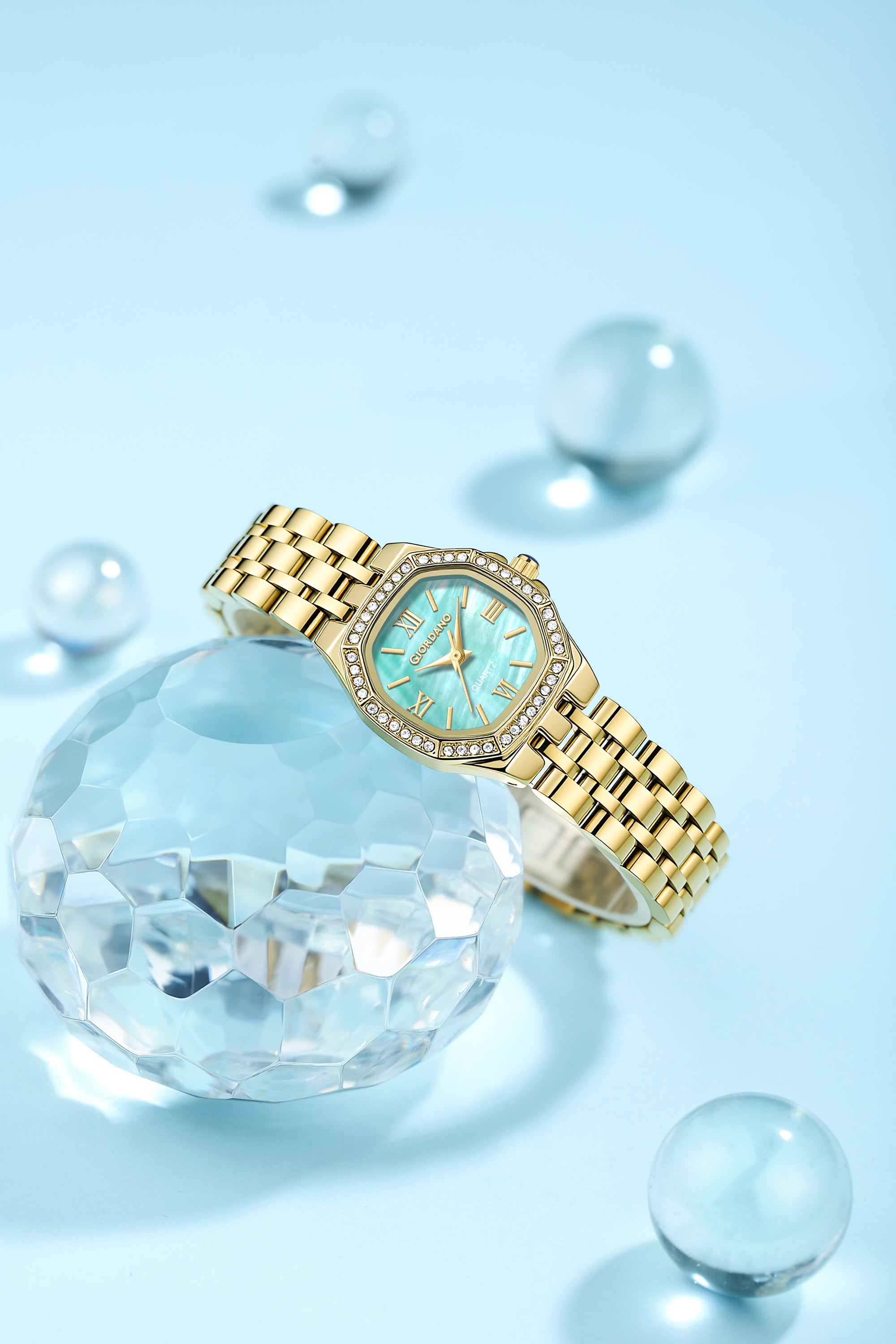 Giordano Analog Watch for Women with Green Dial, Crystal Studded Bezel, Roman Indices & Stainless Steel Strap GZ-60162-33