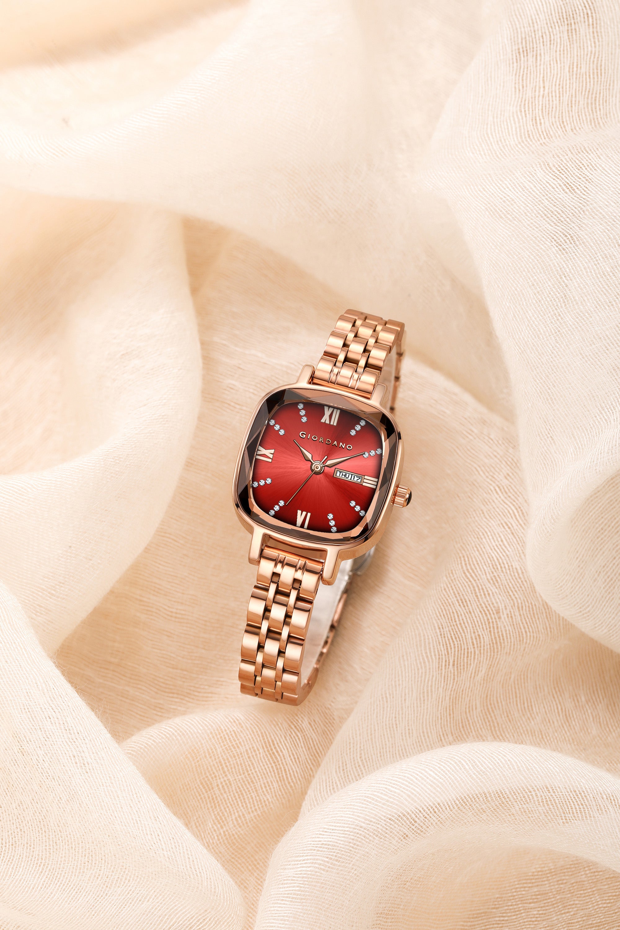 Giordano Elegant Square Watch for Women – ক্রিস্টাল ও রোমান আওয়ার মার্কার, ডে-ডেট ডিসপ্লে, স্টেইনলেস স্টিল স্ট্র্যাপ | GZ-60097-44