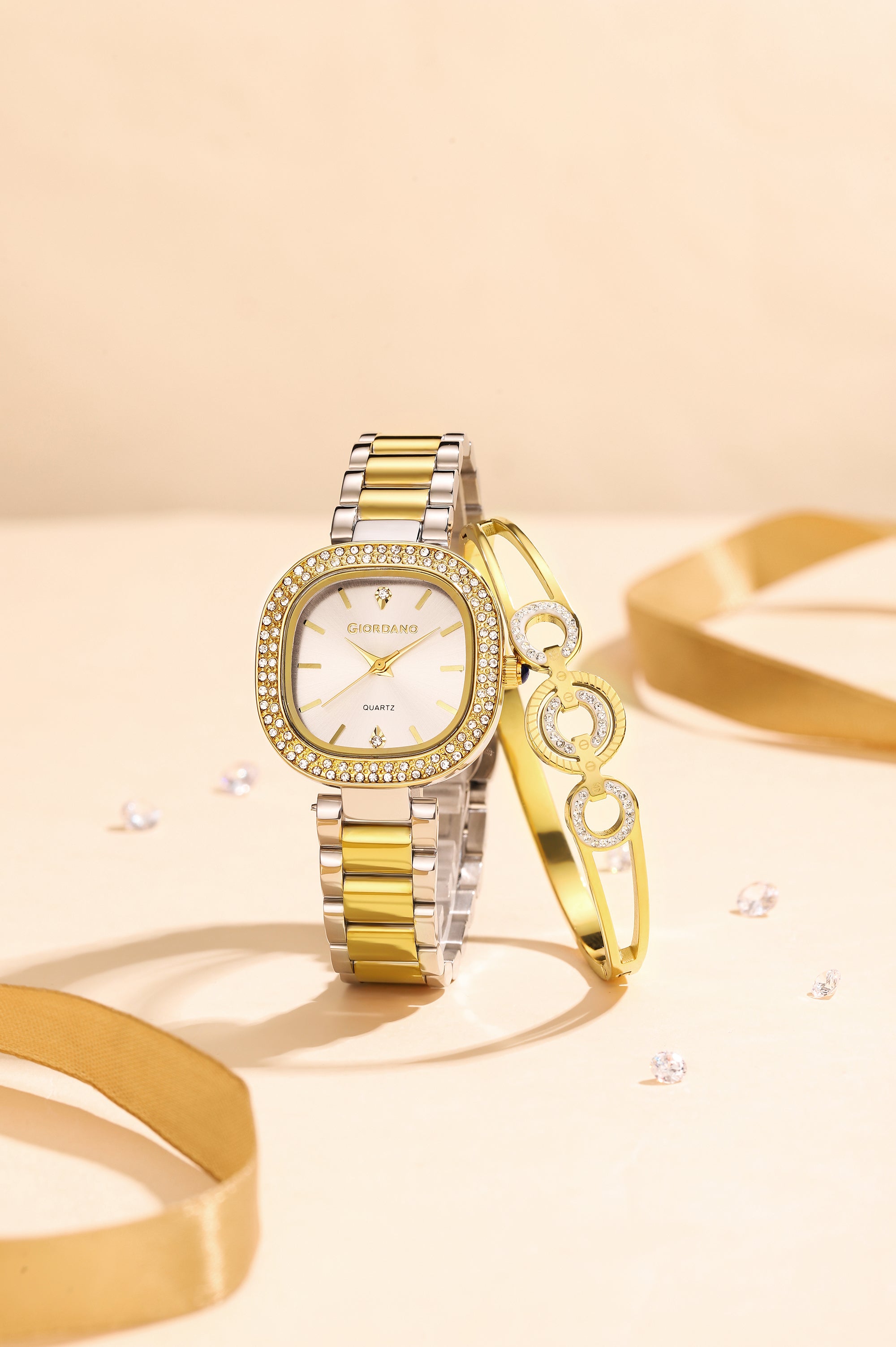 Giordano Analog Quartz Watch for Women with Bangle Square White Dial, Blue Crown, Crystal Studded Hour Markers and Bezel, Silver and Gold Stainless Steel Strap - GZ-60166-11