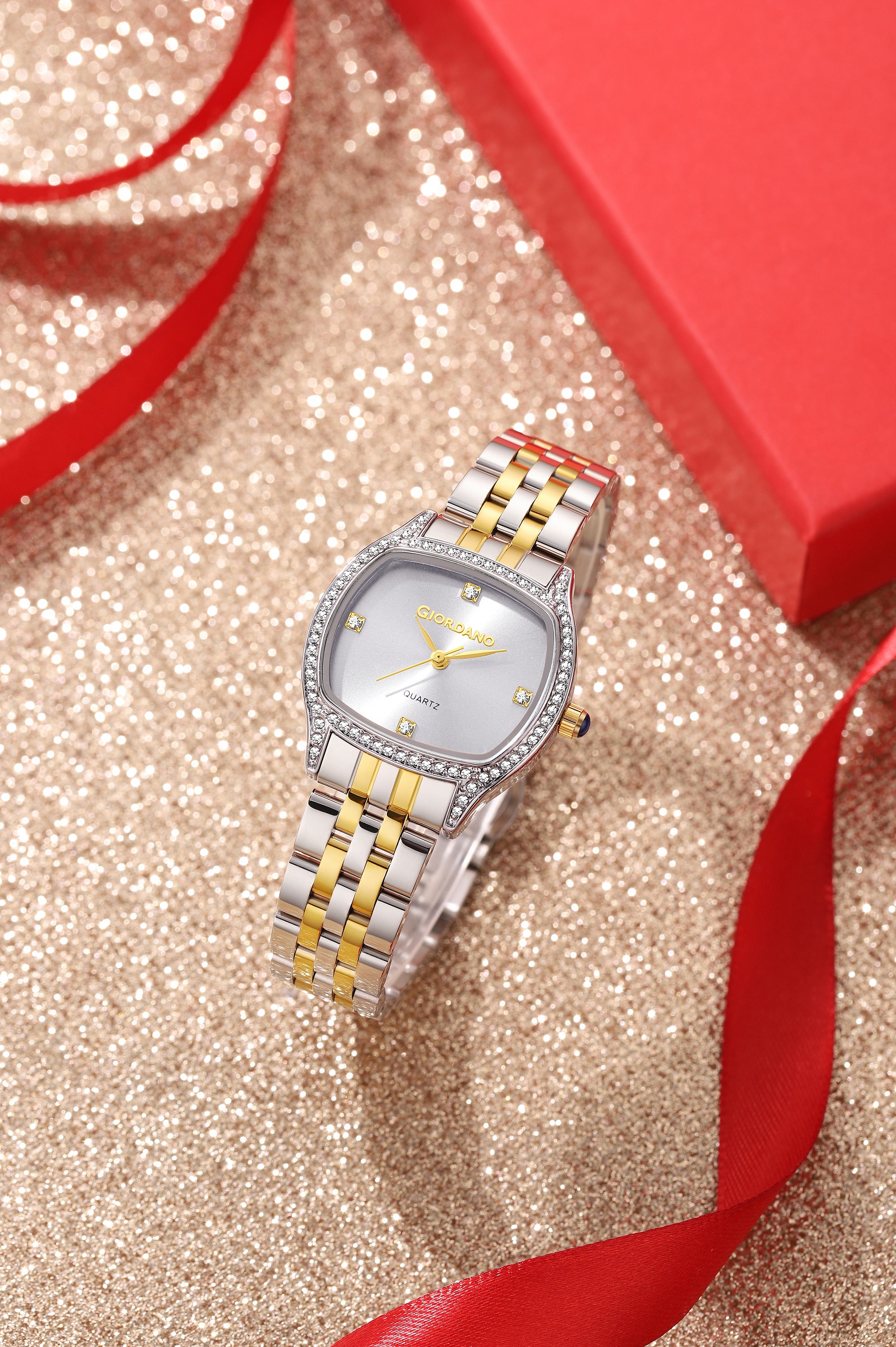 Giordano Analog Quartz Watch for Women with Square White Dial, Blue Crown, Crystal Studded Hour Markers and Bezel, Silver and Gold Stainless Steel Strap - GZ-60163-11