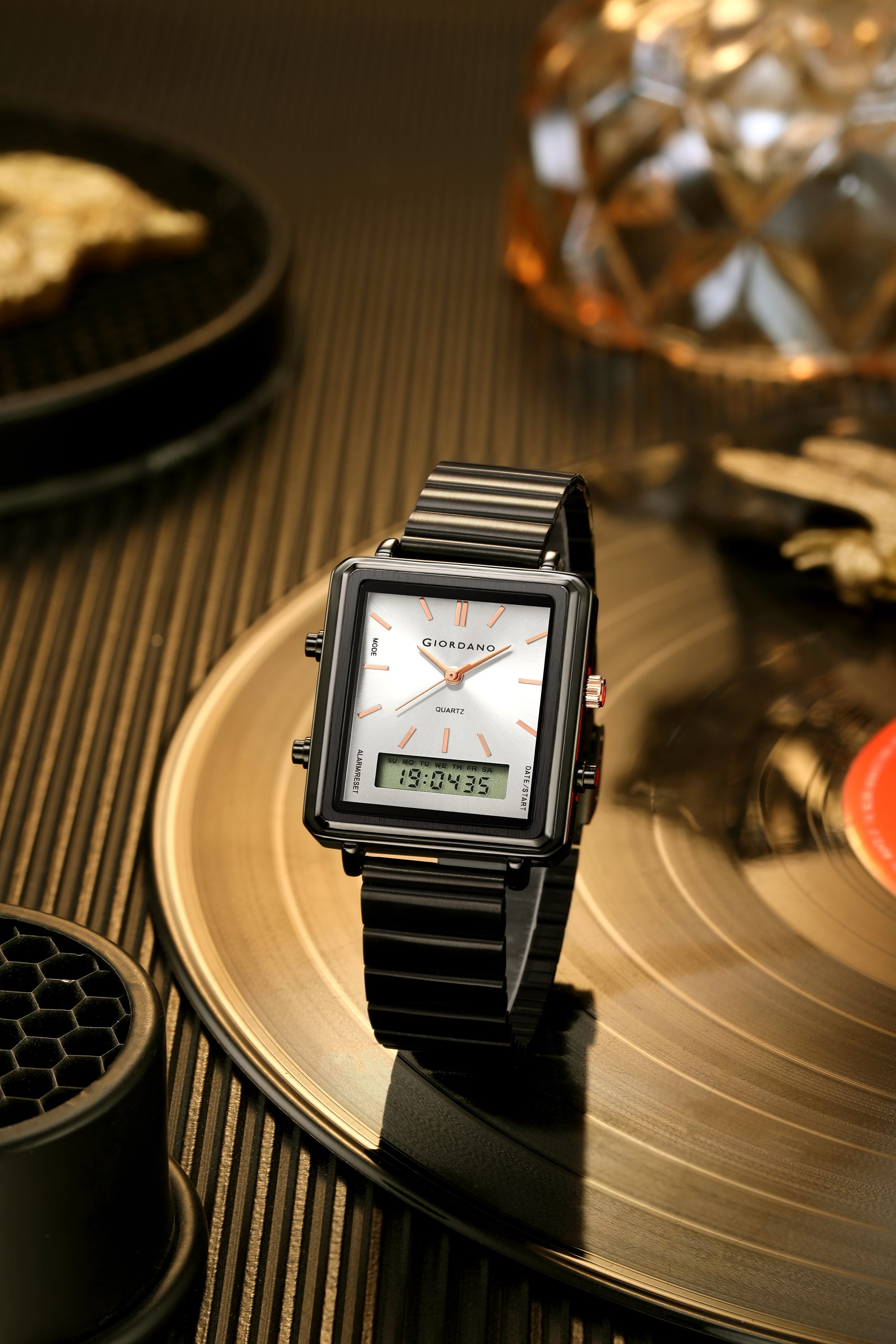 Giordano Analog Digital Watch for Men with Square White Dial, Dual Time Display, Black Stainless Steel Strap - GZ-50210-22