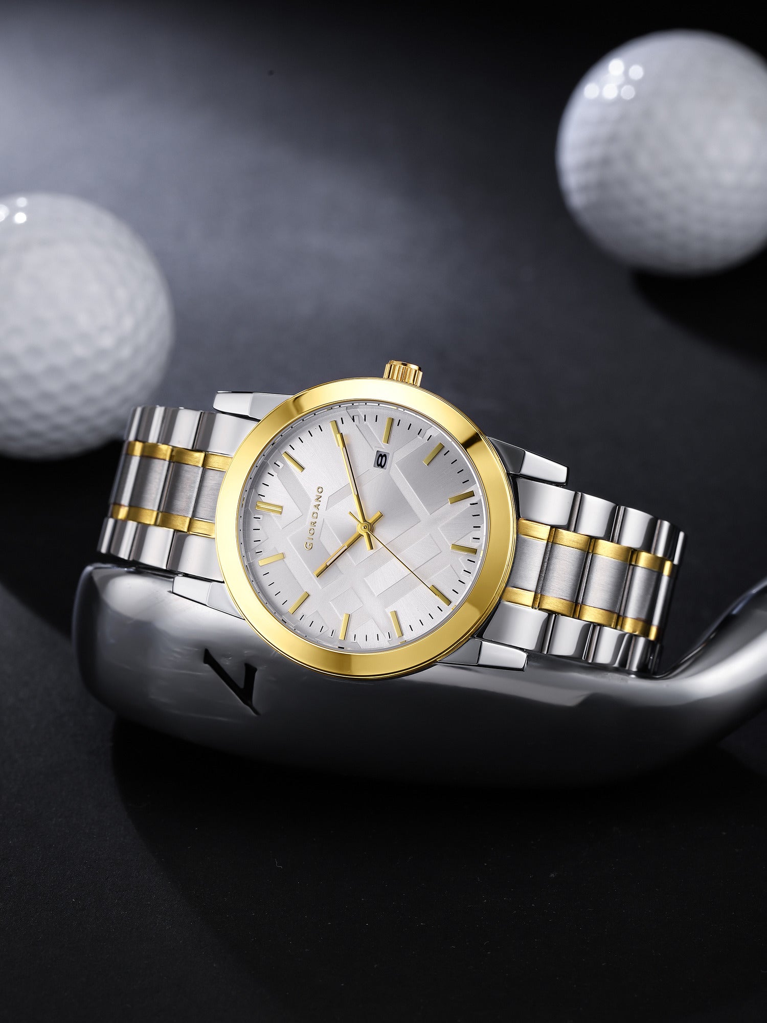 Giordano Analog Quartz Watch for Men with Silver Geometric Textured Round Dial, Luminous Hands Markers, Date Display, Faceted Bezel and Two-Tone Gold & Silver Stainless Steel Strap - GZ-50193-33