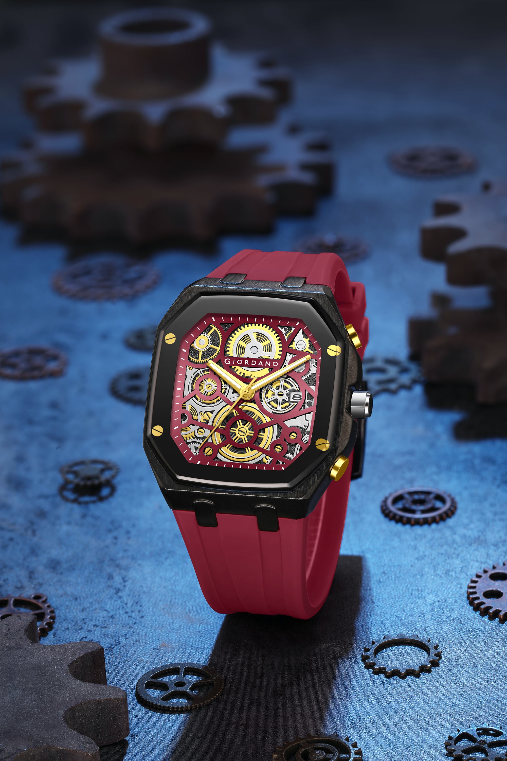 Giordano Skeleton Dial Analog Watch for Men – Black Tone Case, Red Silicone Strap, Date Display & Transparent Mechanical Design GZ-50221-05