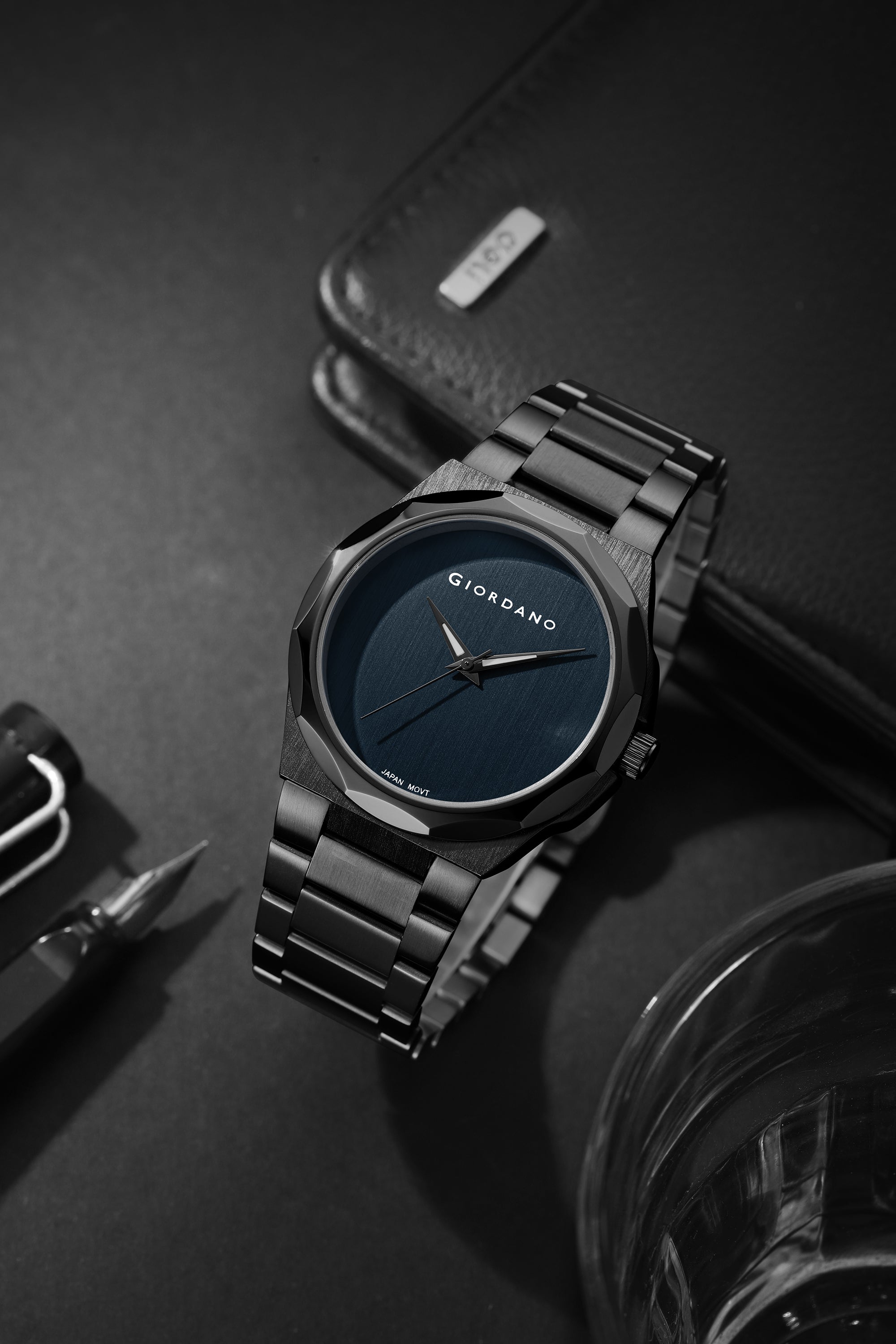 Giordano Classic Formal Analog Quartz Watch for Men with Blue Sunray Round Dial, Minimalist Markerless Design, Luminous Hands, Quartz Movement and Black Stainless Steel Strap - GZ-50189-11